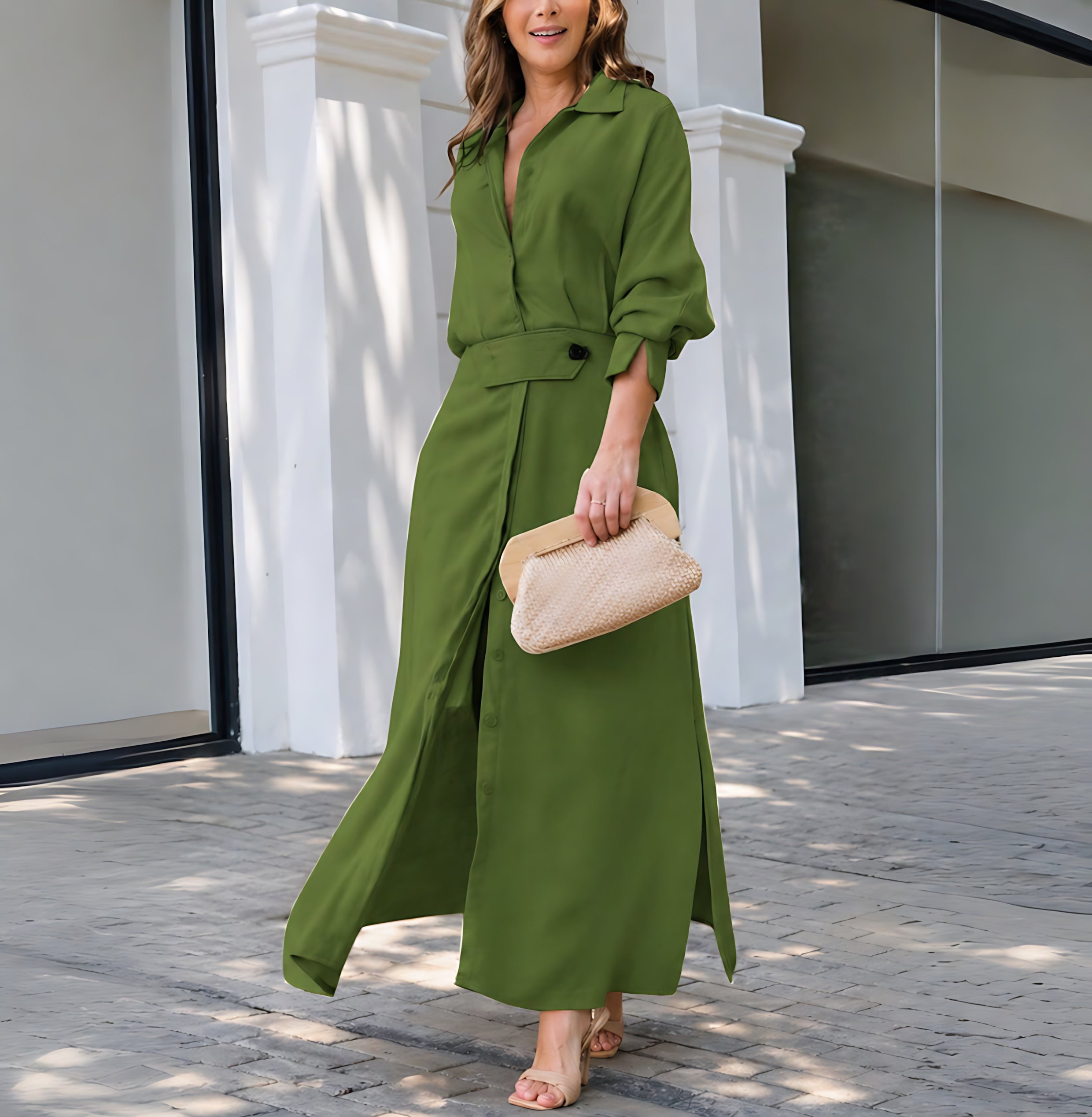 Imogen – V Neck Tie Waist Maxi Shirt Dress
