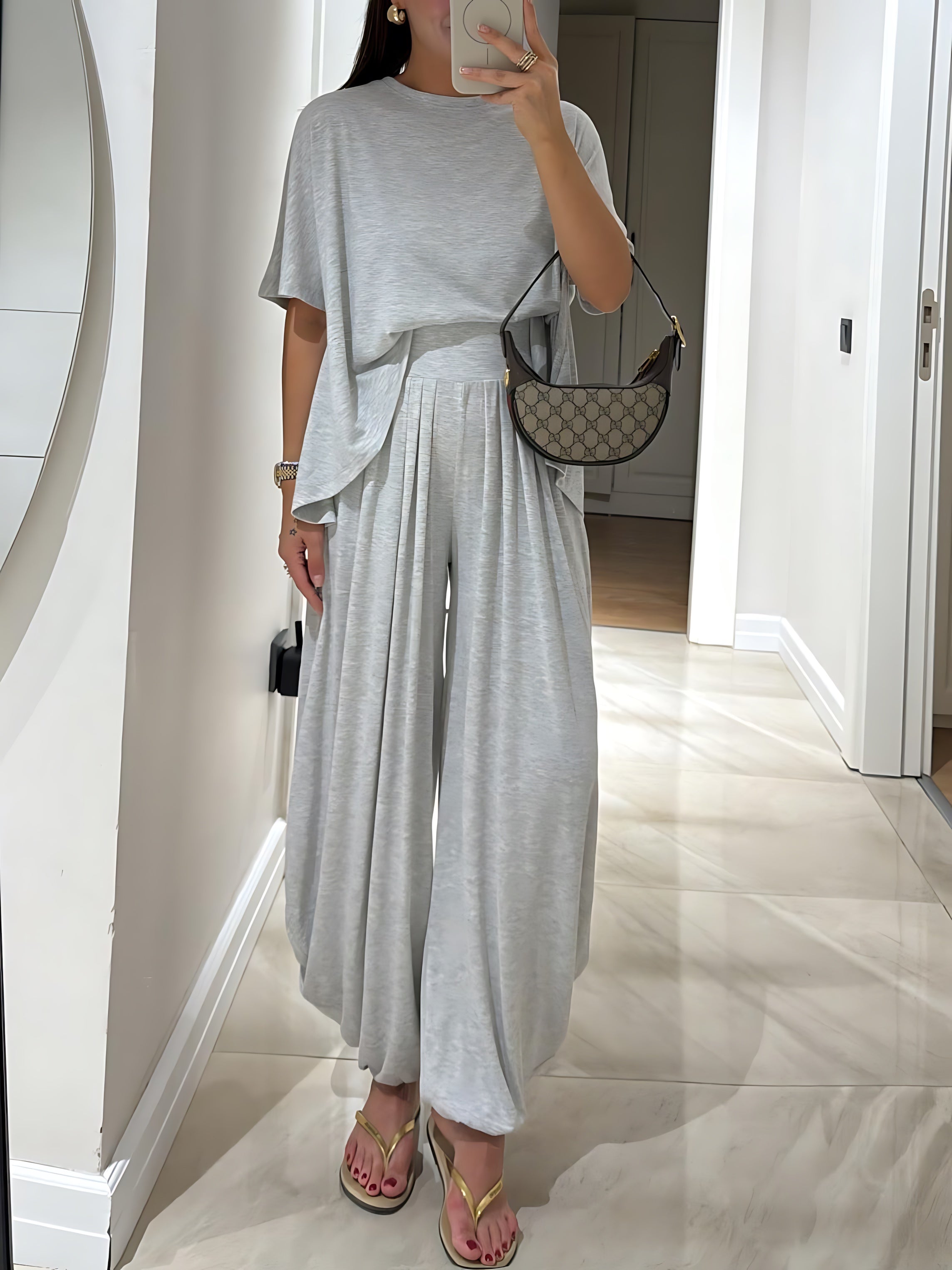 Iris – Crew Neck Short Sleeve Top and Wide Leg Pants Set
