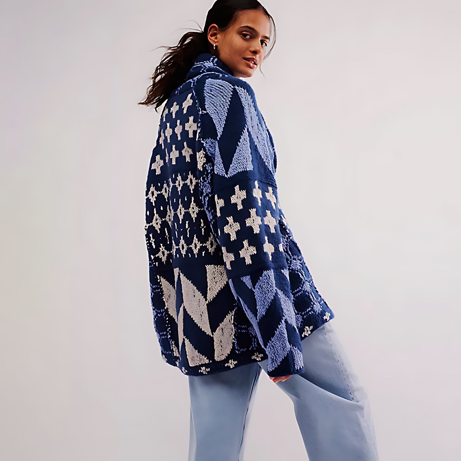 Iris – Geometric Print Open Front Knit Cardigan