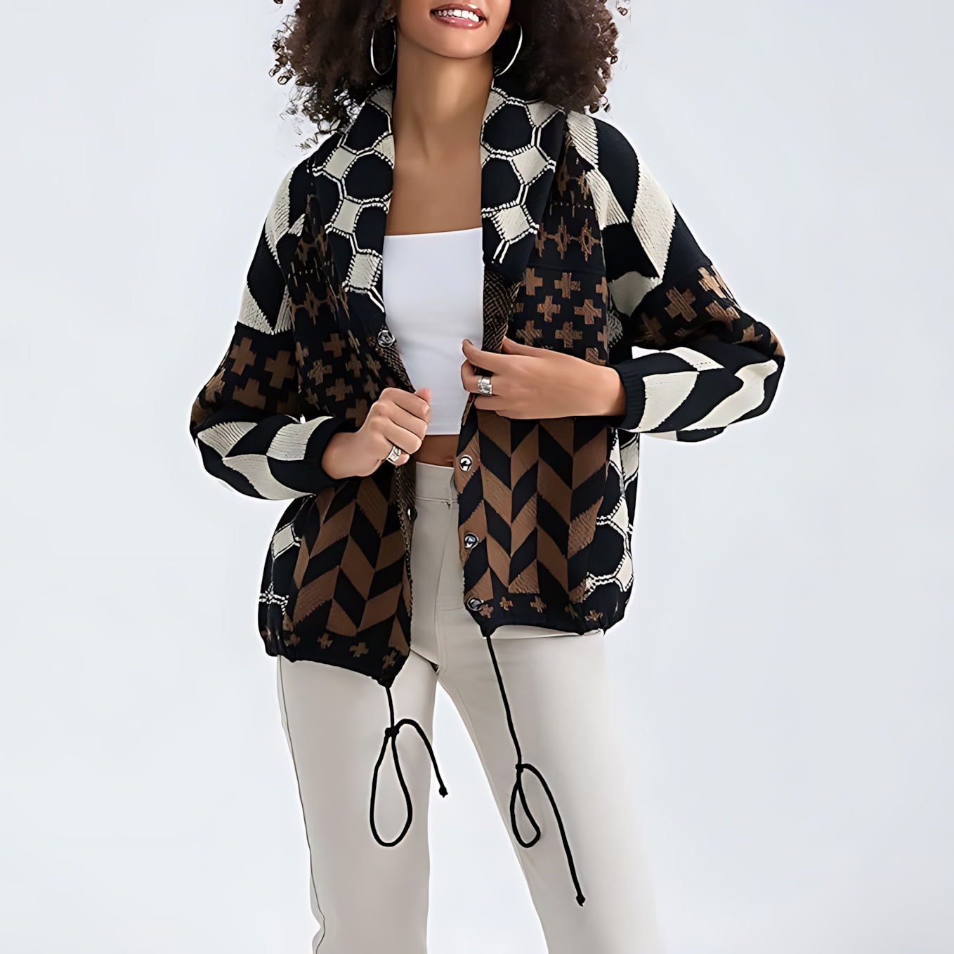 Iris – Geometric Print Open Front Knit Cardigan