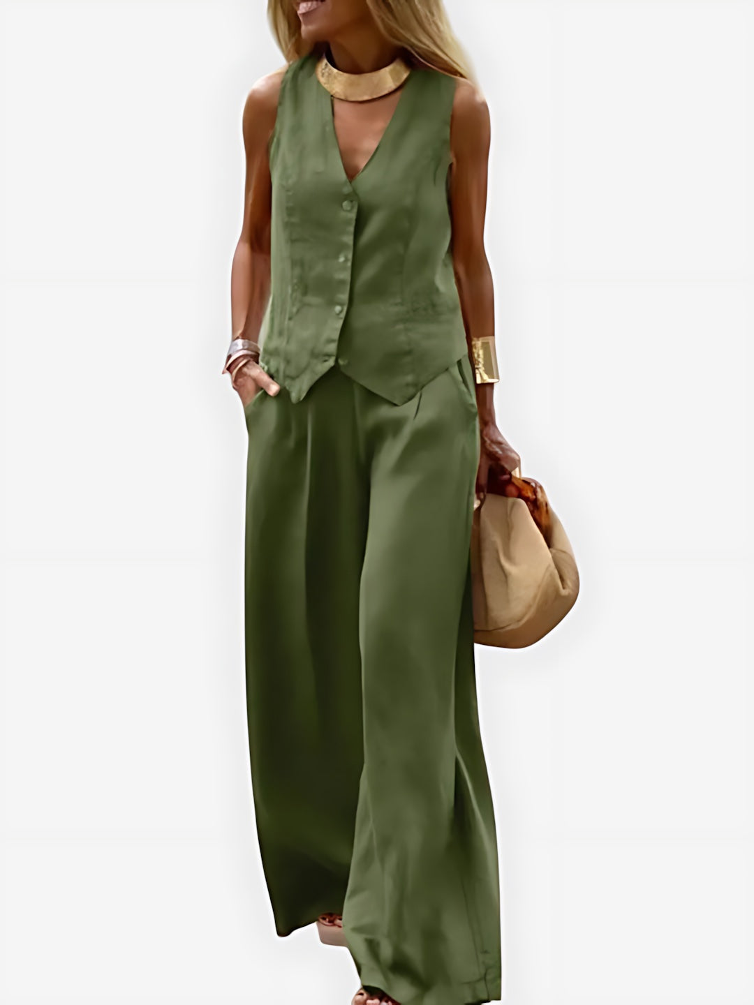 Isabella – Button Up Vest and Wide Leg Pants Set