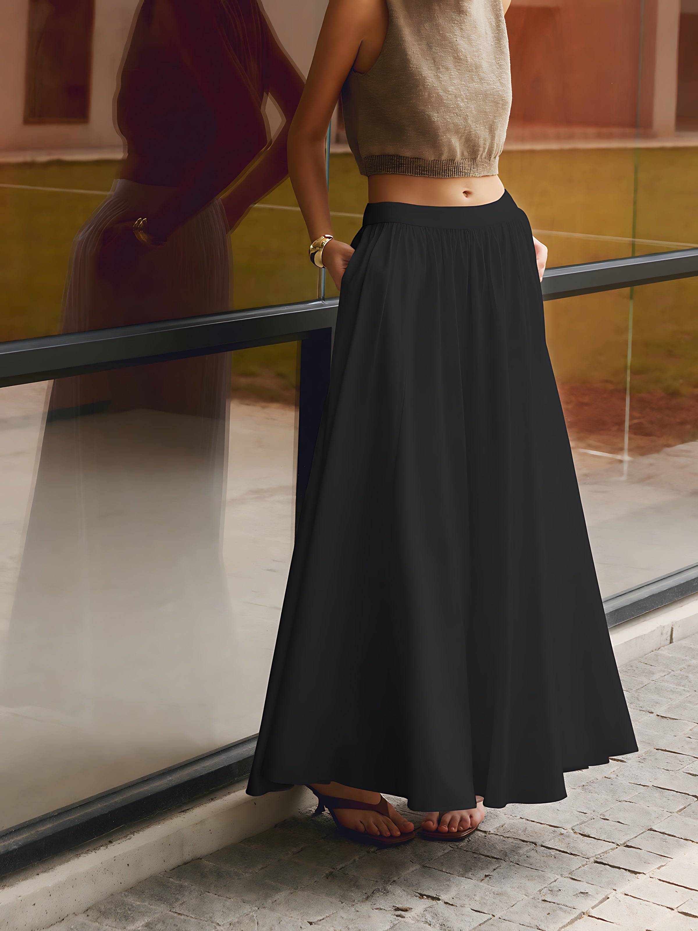 Isabelle – High Waist Pleated A-Line Maxi Skirt