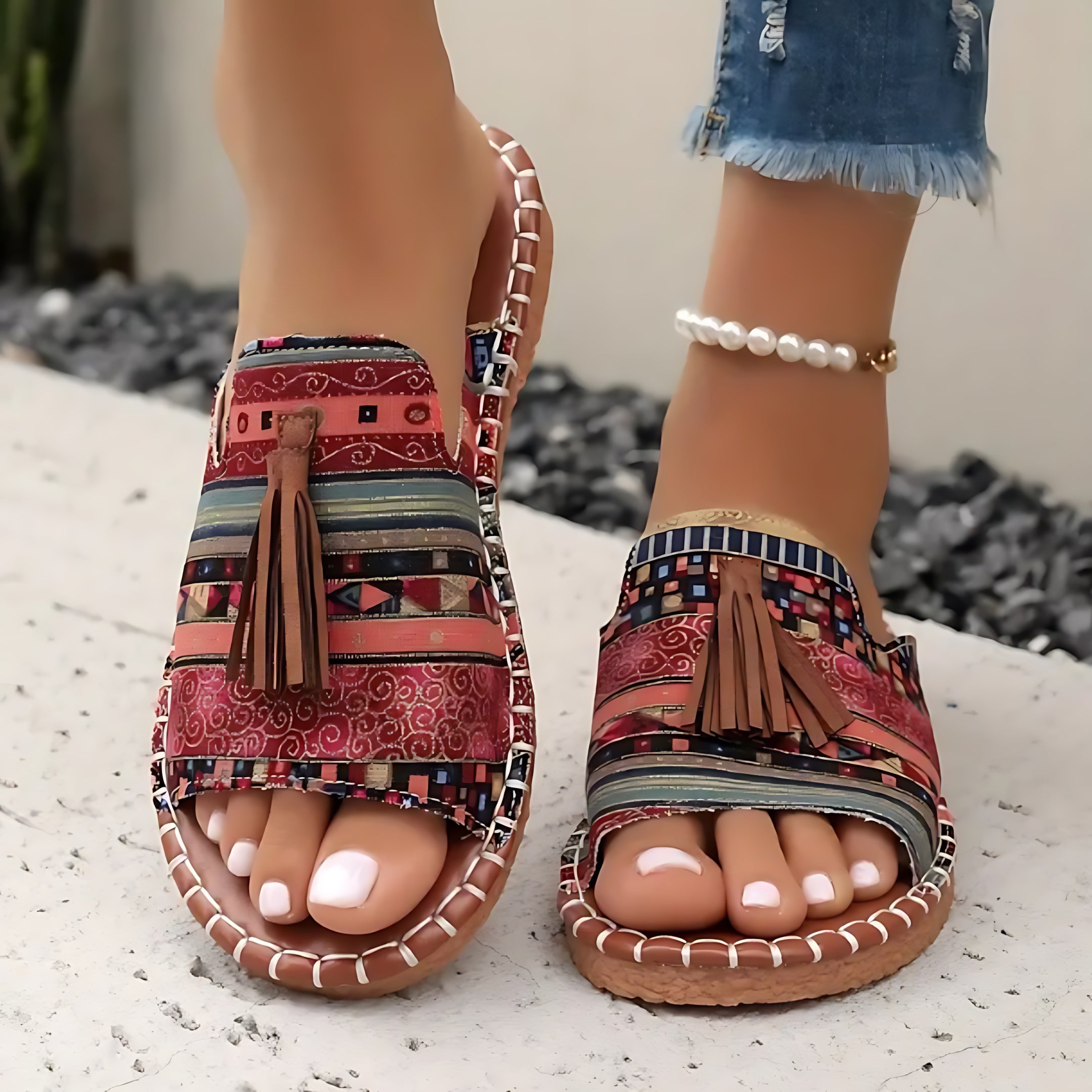 Isla – Embroidered Boho Flat Slide Sandals