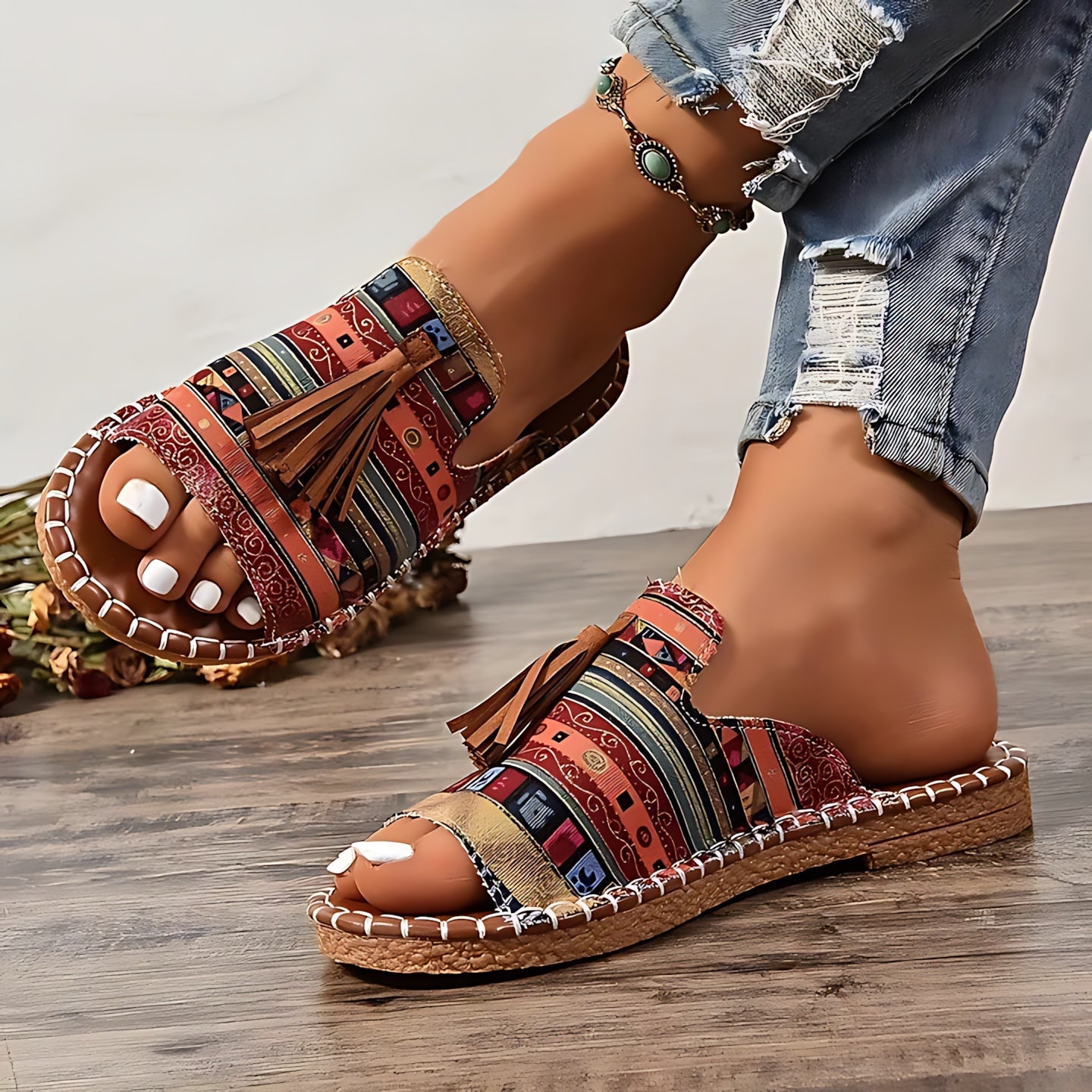 Isla – Embroidered Boho Flat Slide Sandals