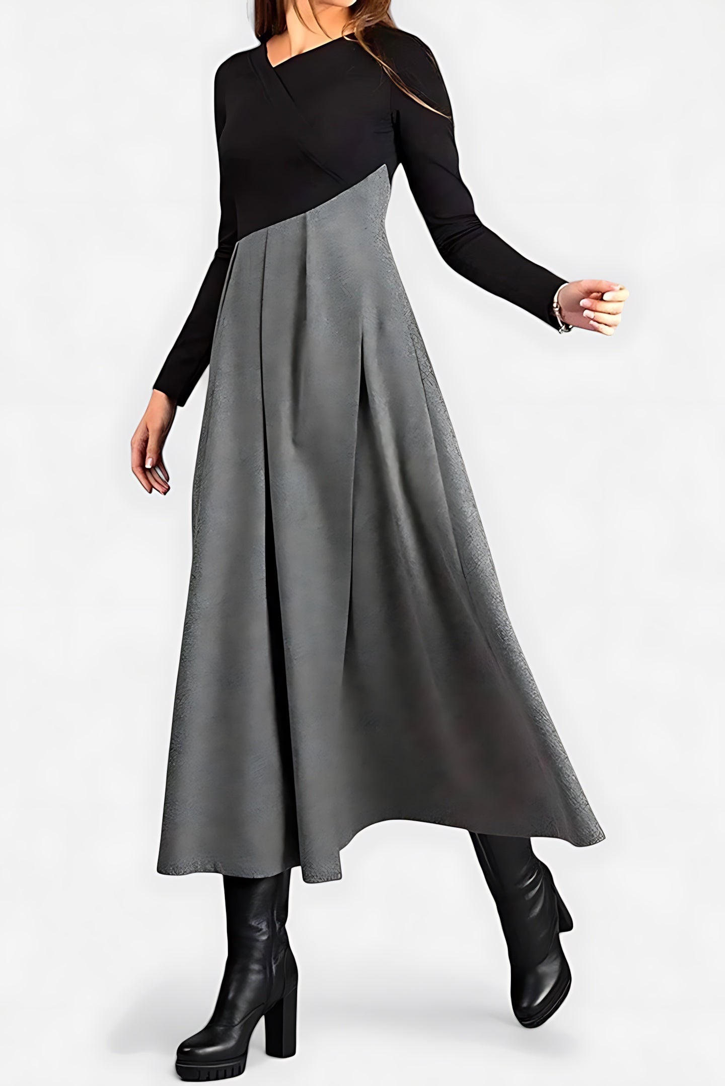 Ivy – Colorblock Long Sleeve A-Line Midi Dress
