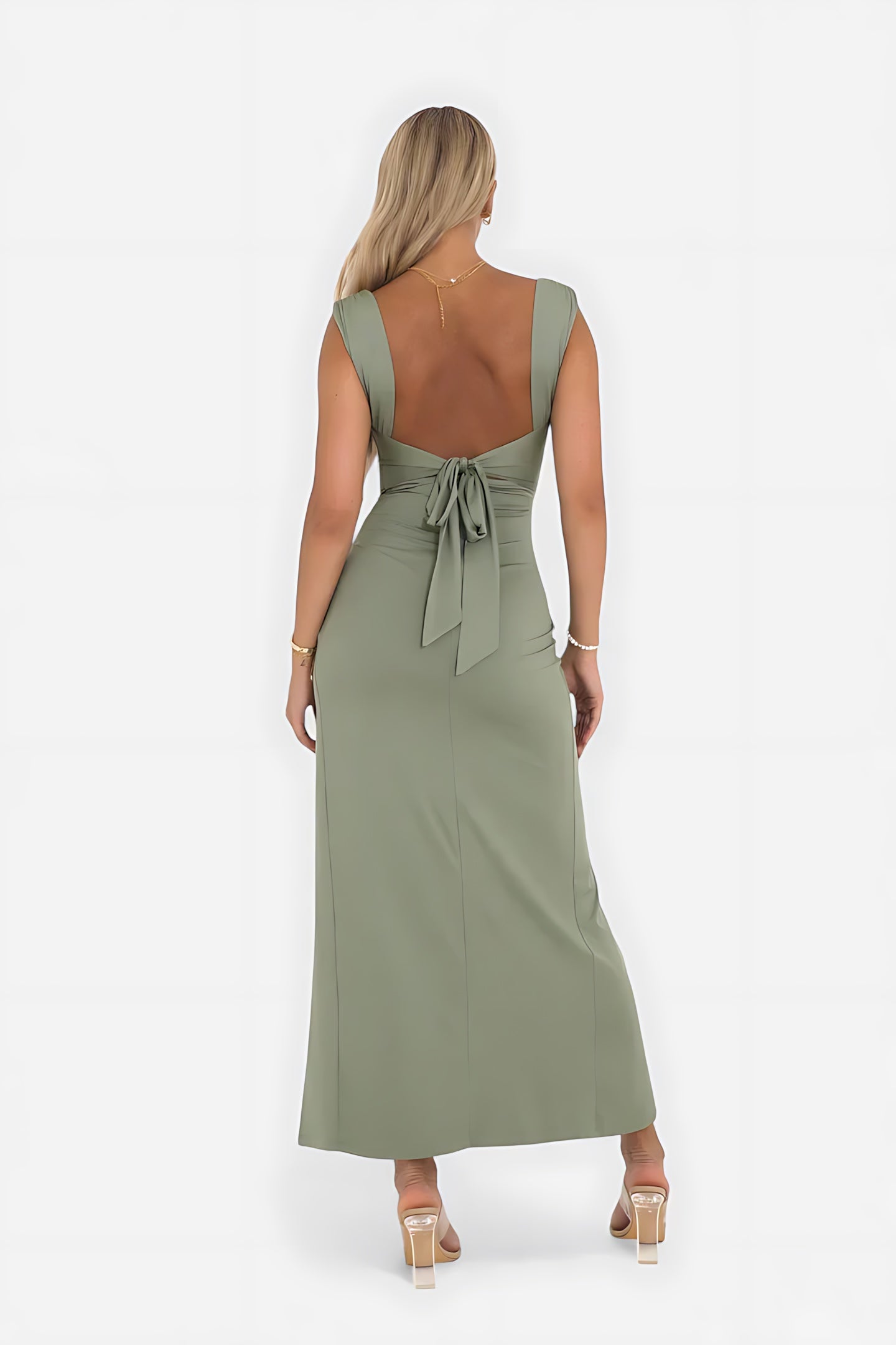Ivy – Satin Square Neck Slit Cocktail Midi Dress