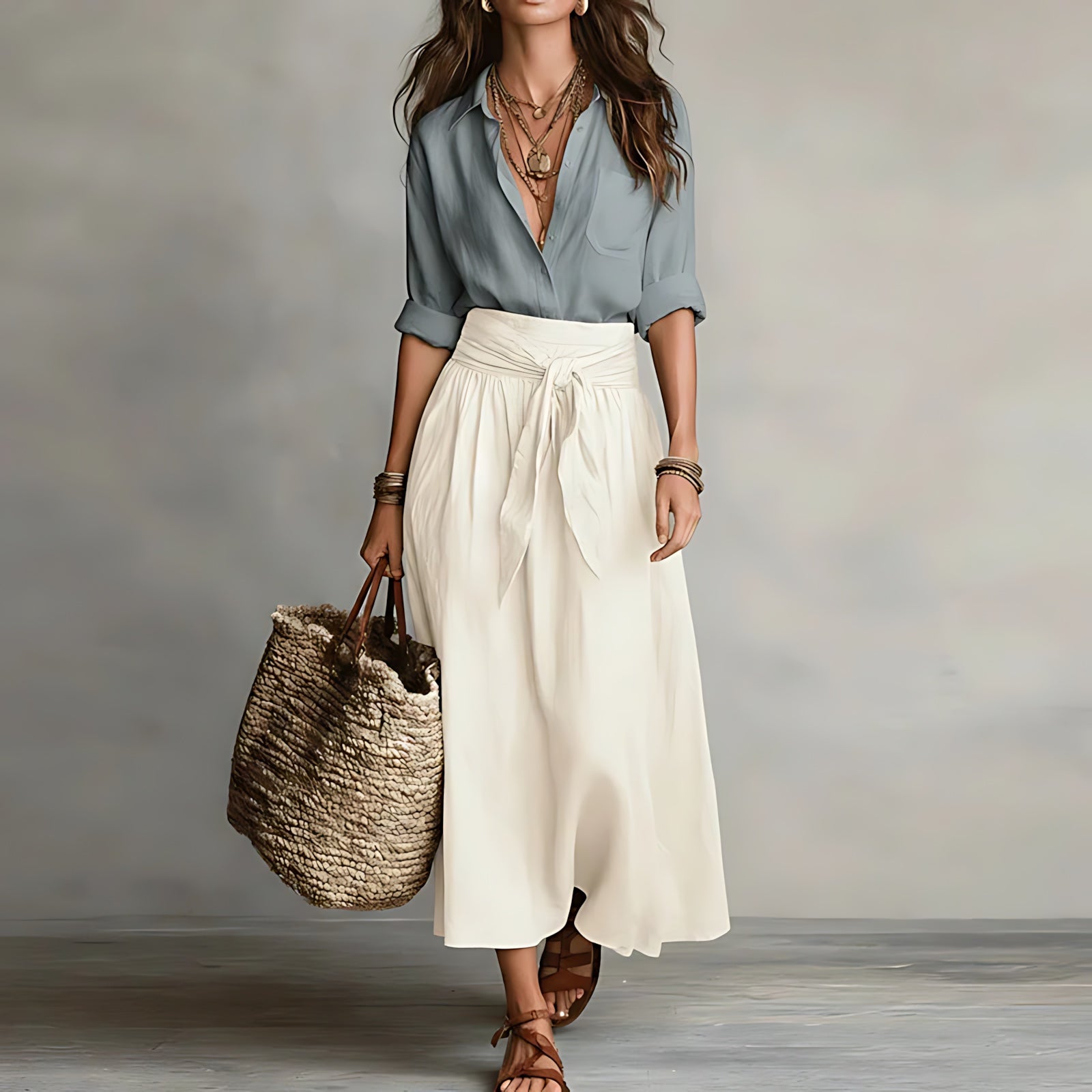 Jasmine – Button Up Shirt and A Line Midi Skirt Set