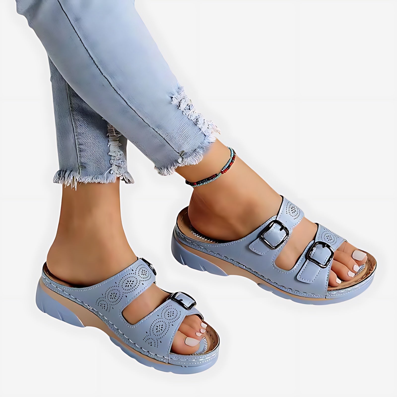 Jasmine – Double Strap Low Wedge Slide Sandals