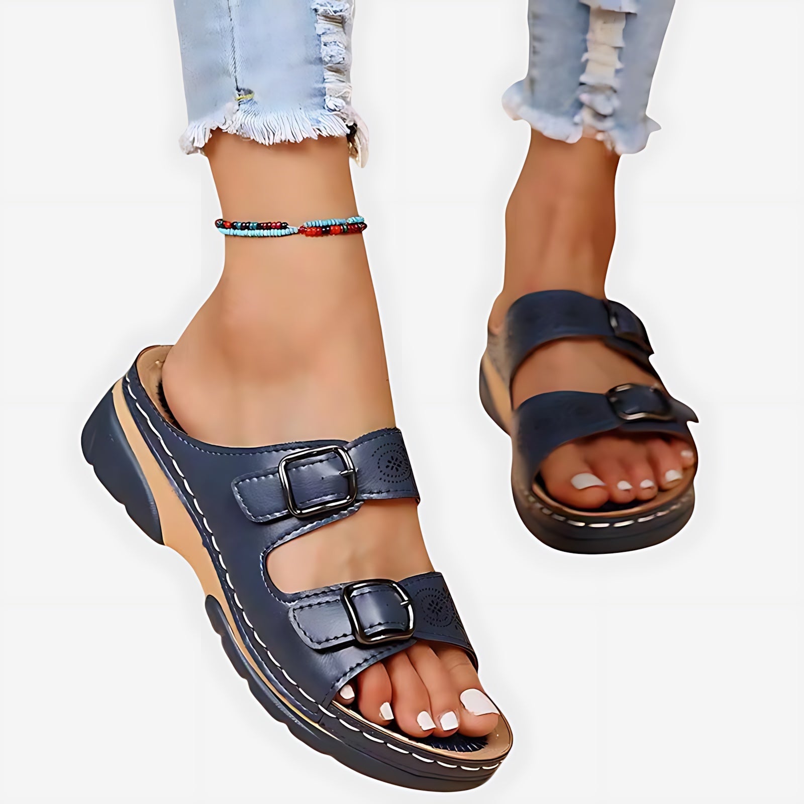 Jasmine – Double Strap Low Wedge Slide Sandals