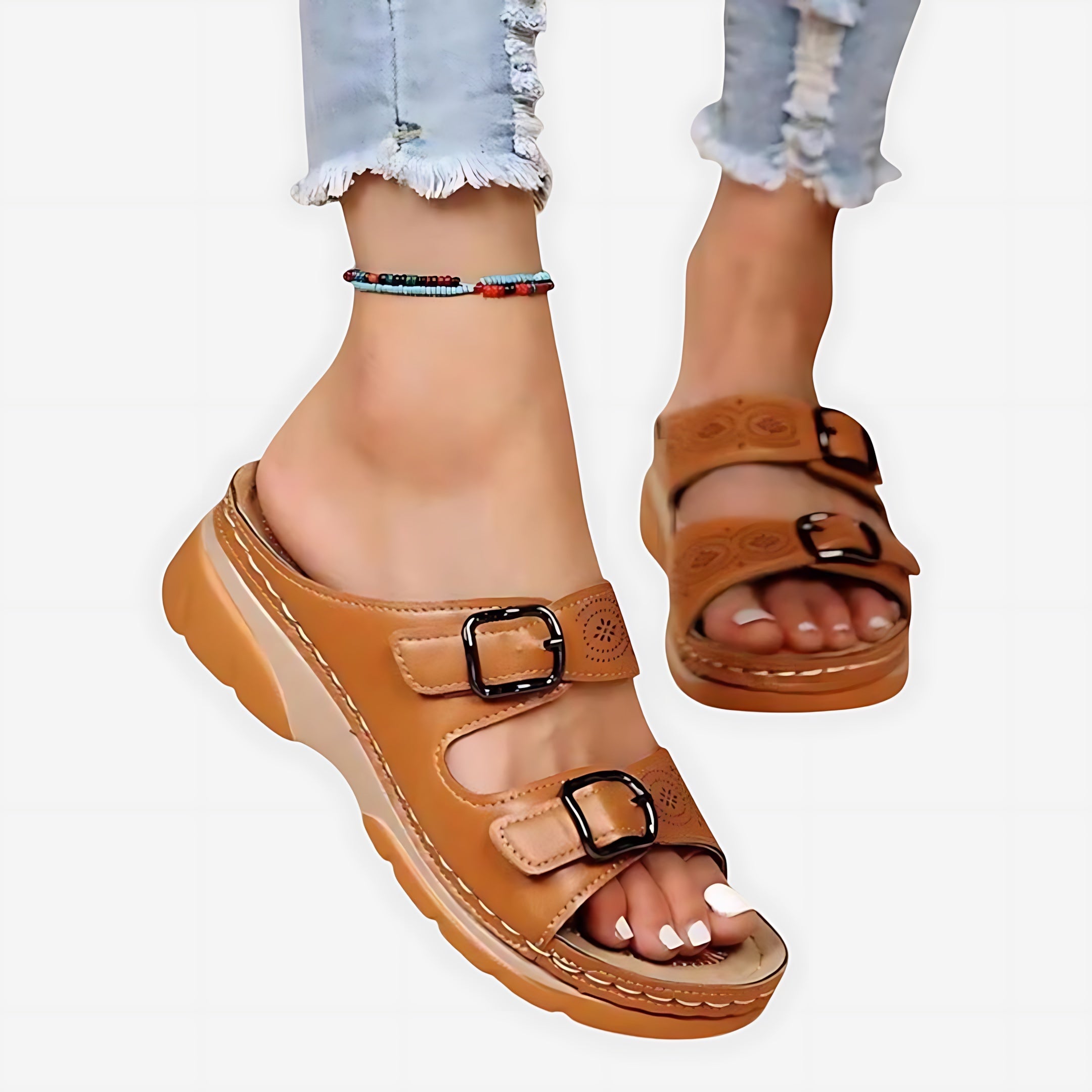 Jasmine – Double Strap Low Wedge Slide Sandals