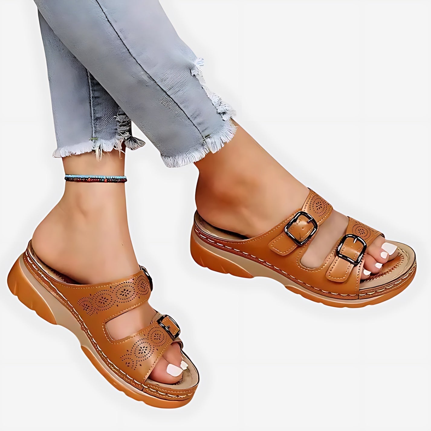 Jasmine – Double Strap Low Wedge Slide Sandals
