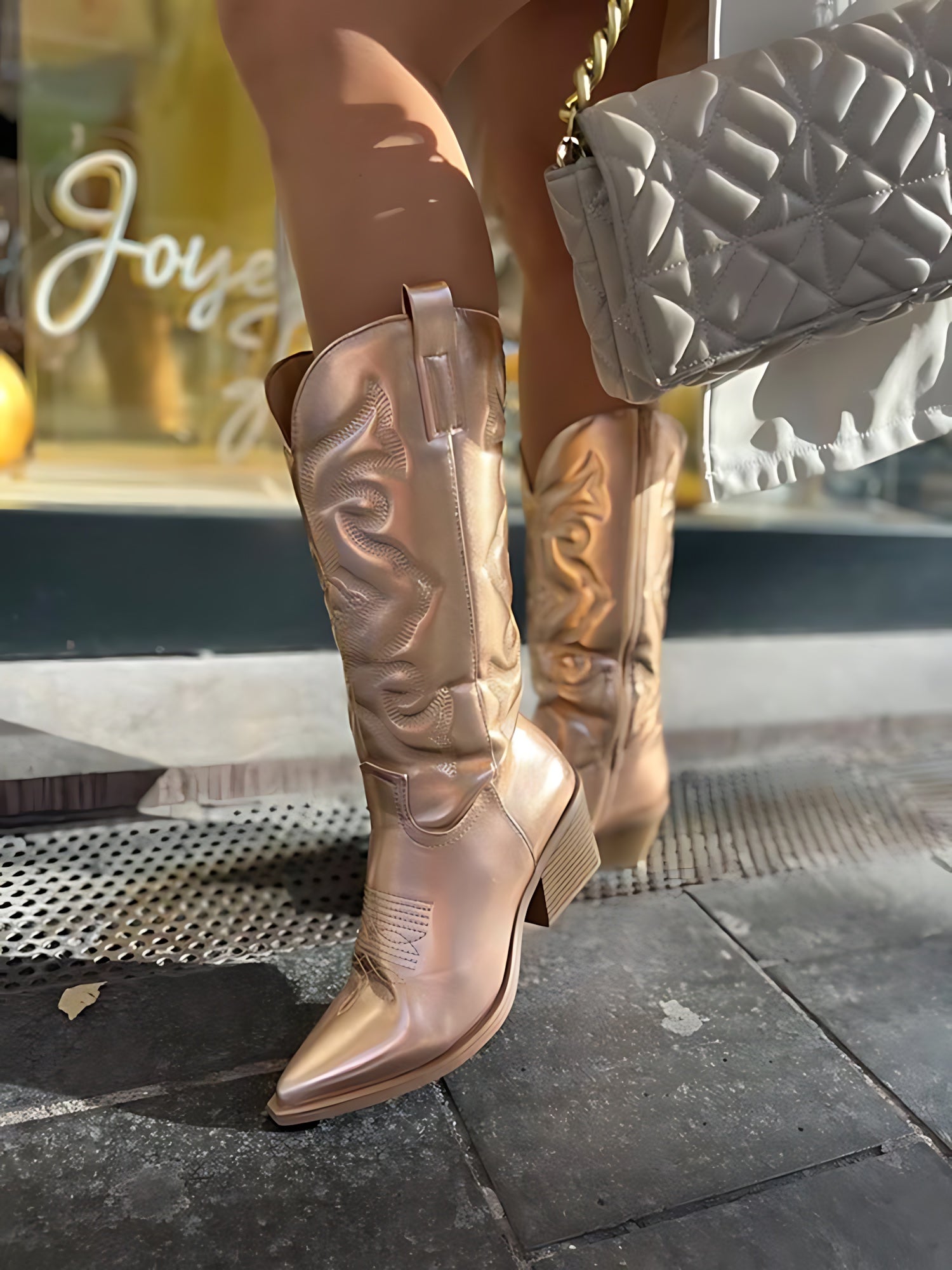 Jasmine – Metallic Embroidered Western Ankle Boots