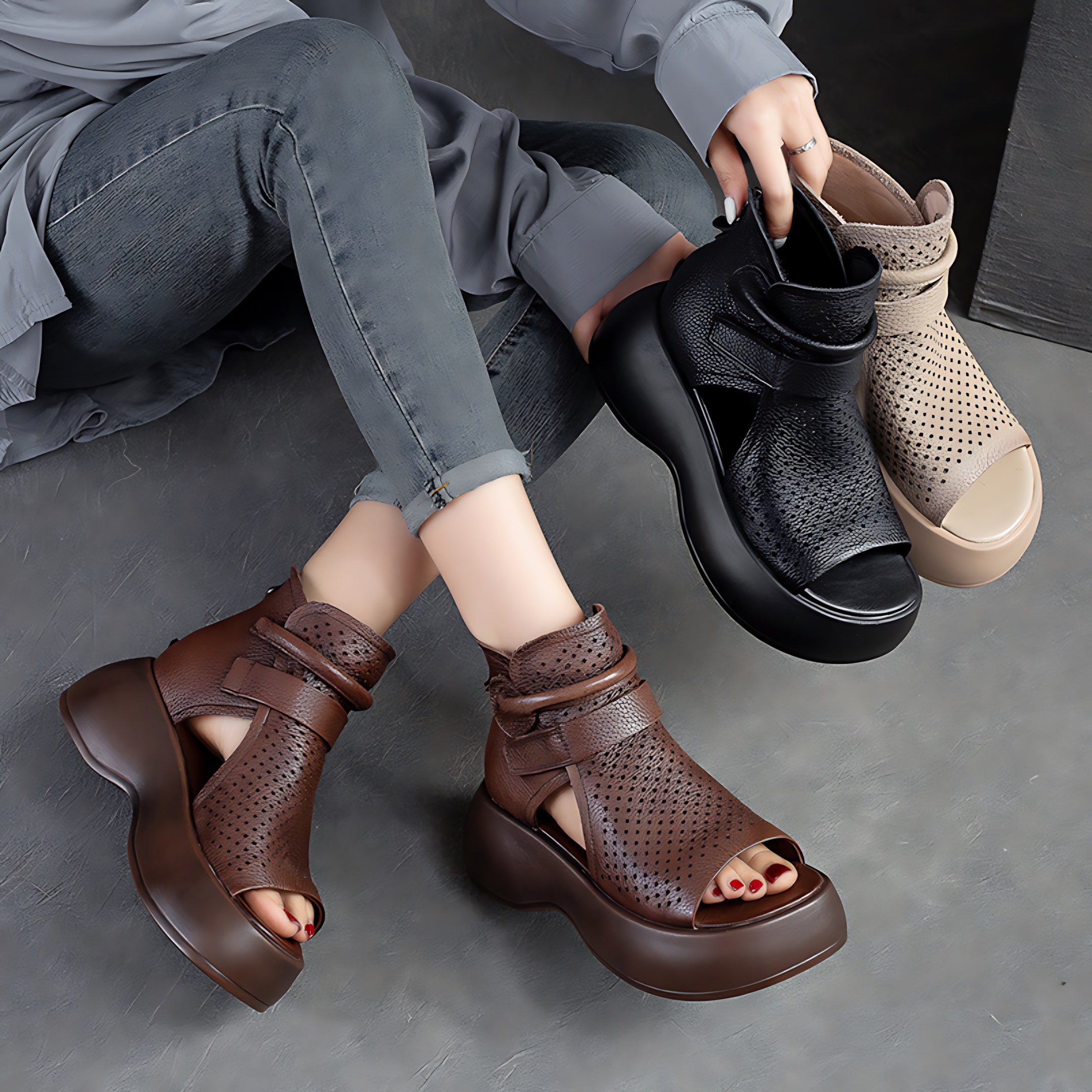 Jolene – Perforated Peep Toe Platform Sandal Boots