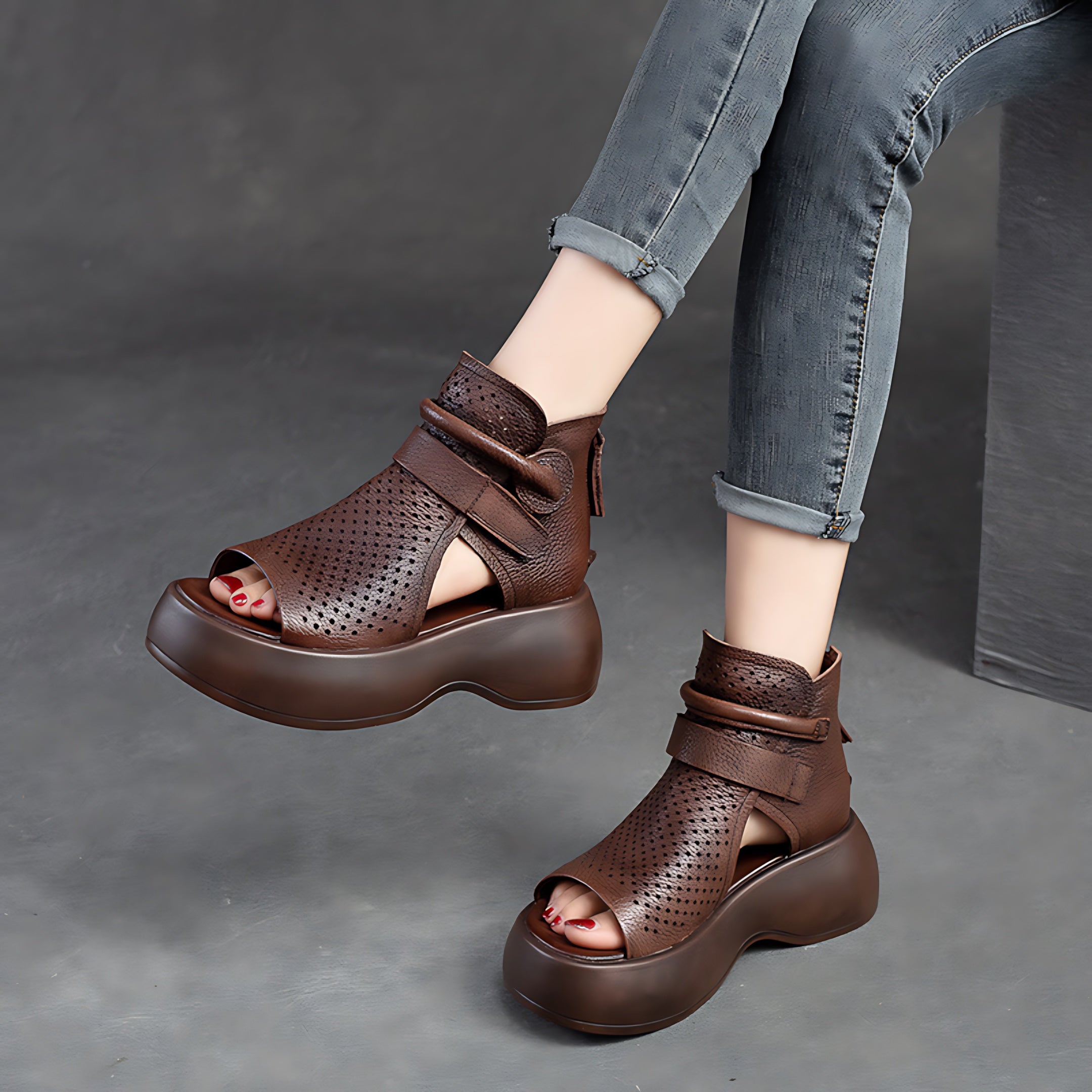 Jolene – Perforated Peep Toe Platform Sandal Boots