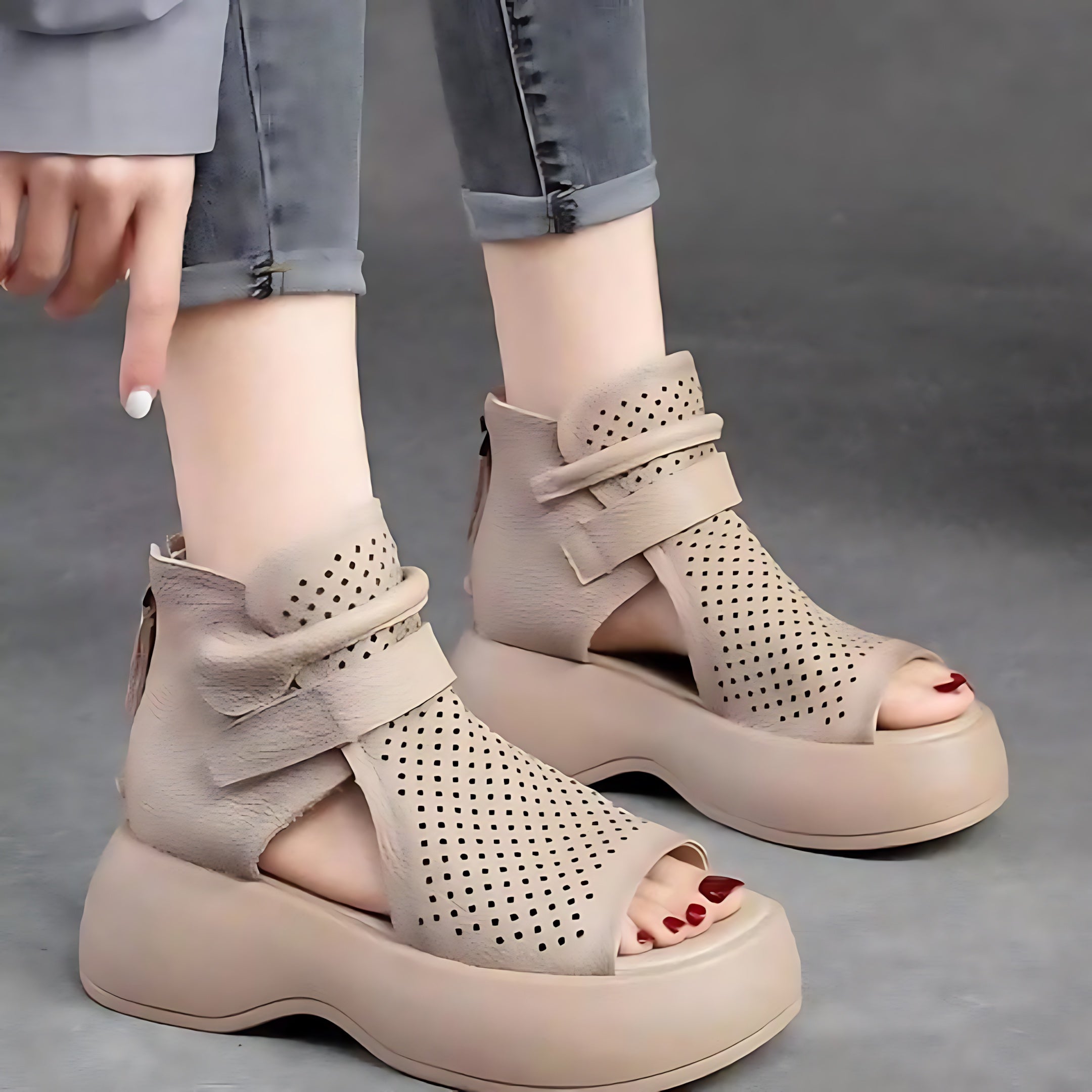 Jolene – Perforated Peep Toe Platform Sandal Boots