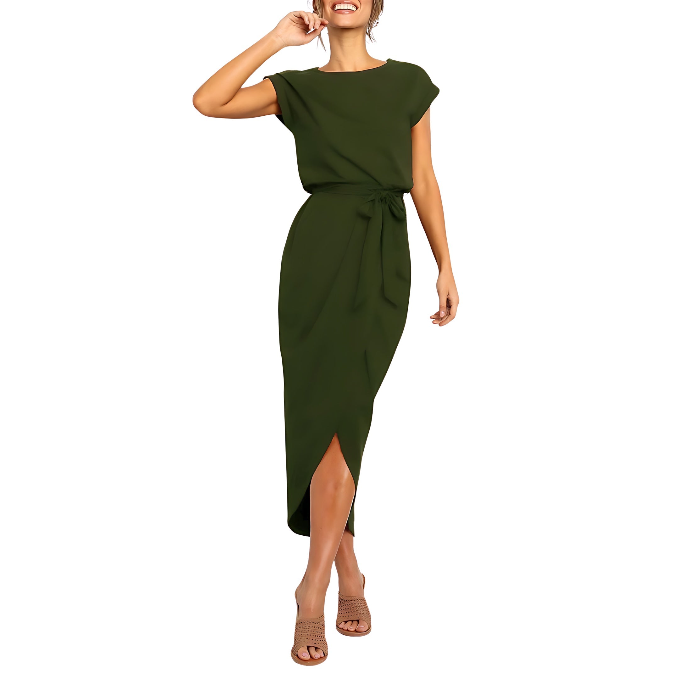 Jolene – Striped Tie Waist Short Sleeve Midi Dress