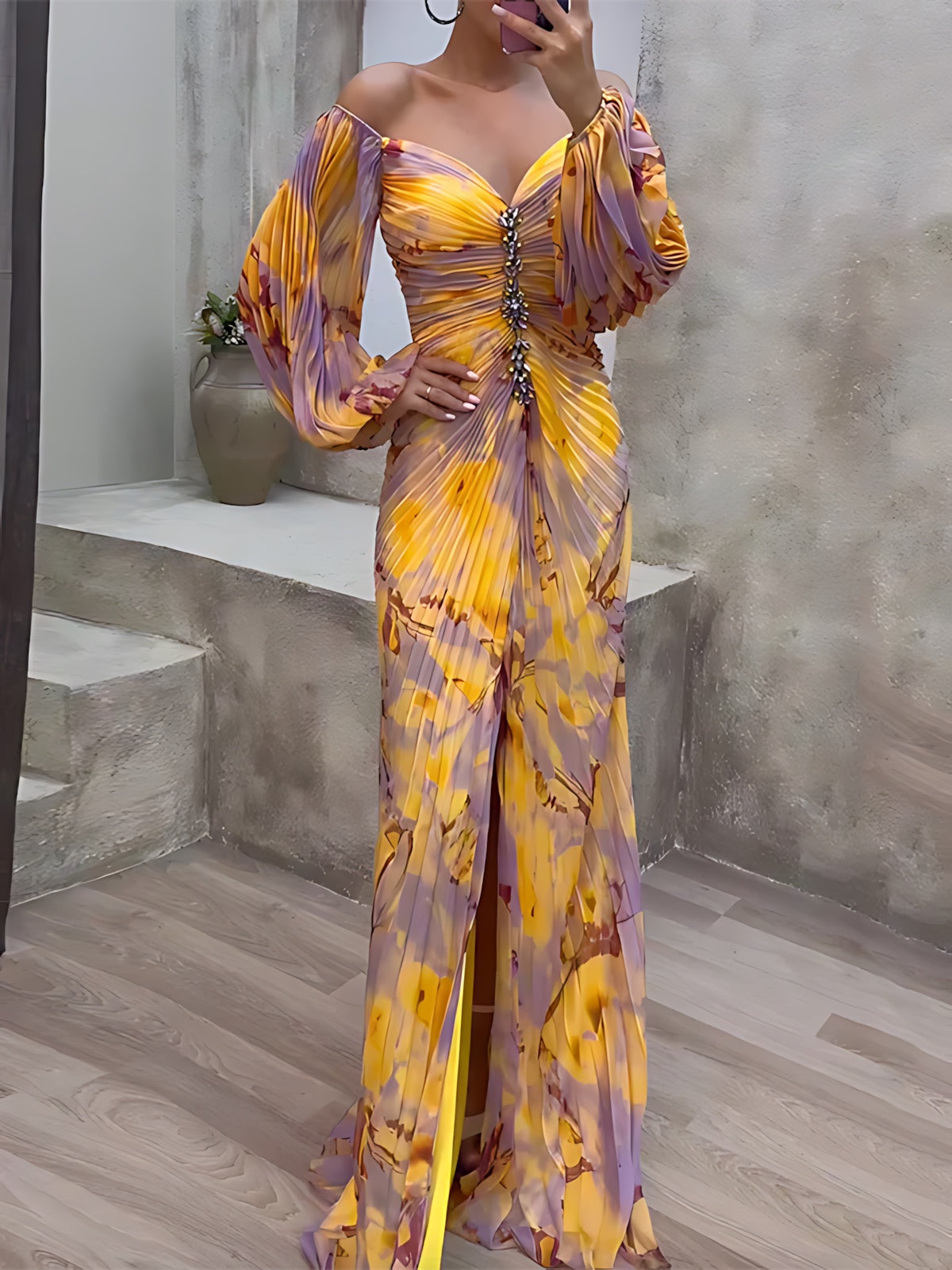 Josephine – Abstract Print Off Shoulder Wedding Guest Maxi Dress