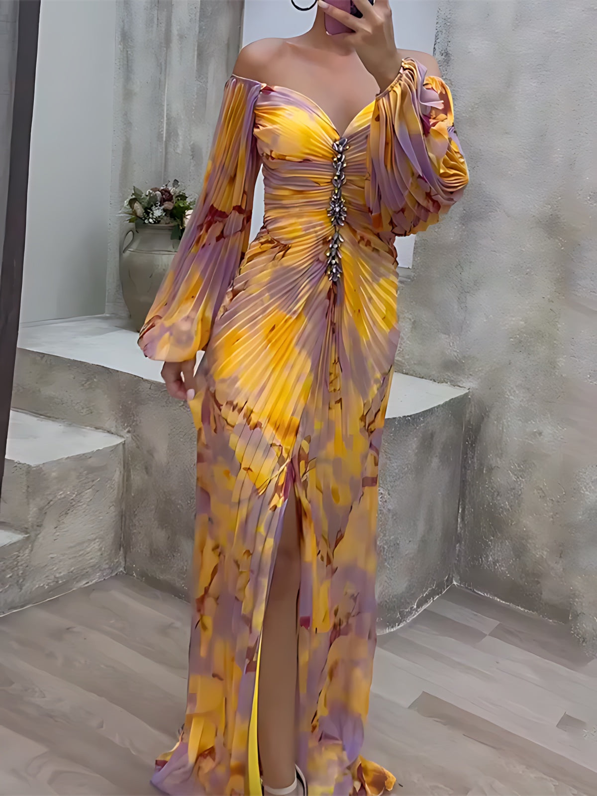 Josephine – Abstract Print Off Shoulder Wedding Guest Maxi Dress