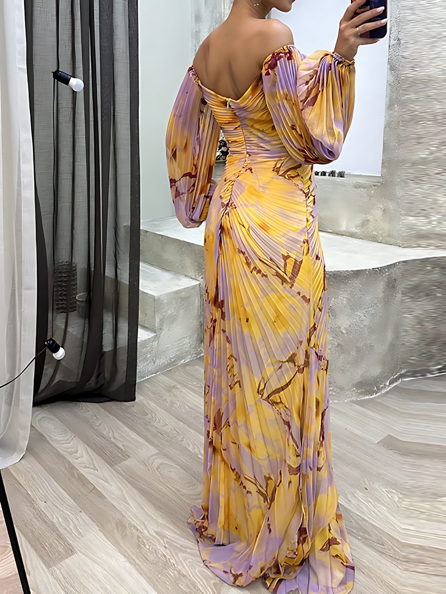 Josephine – Abstract Print Off Shoulder Wedding Guest Maxi Dress