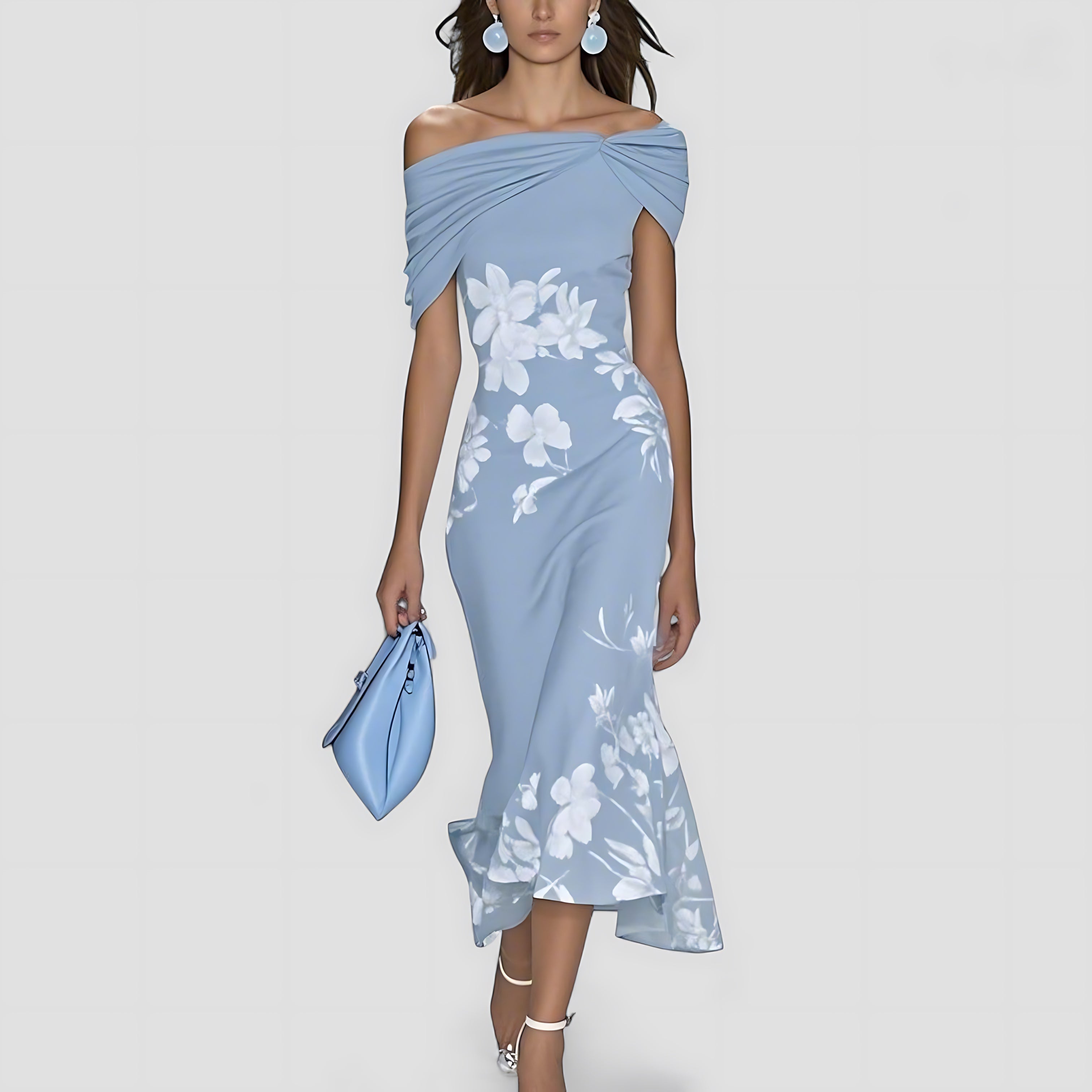 Josephine – Floral Off Shoulder Wedding Guest Midi Dress