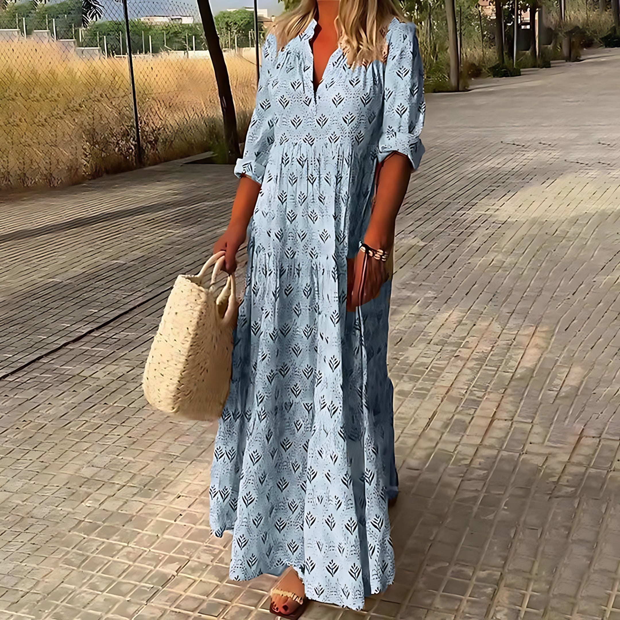 Josie – Boho Print V Neck Tiered Maxi Dress