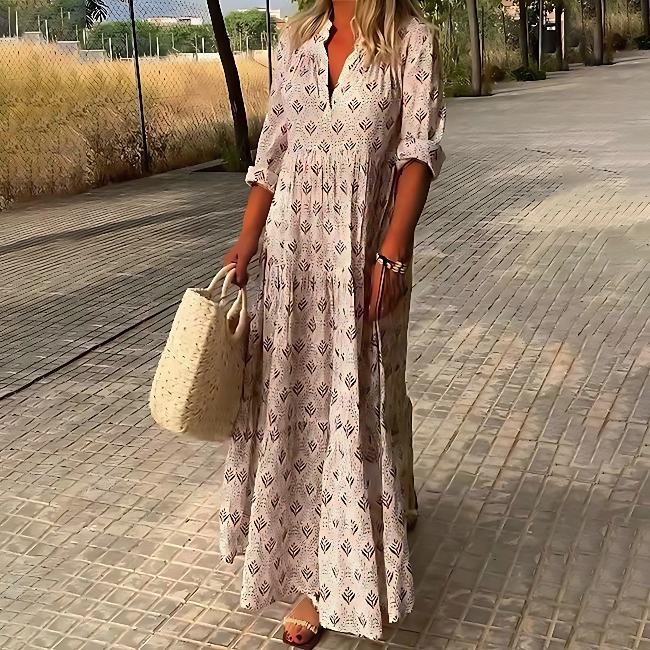 Josie – Boho Print V Neck Tiered Maxi Dress