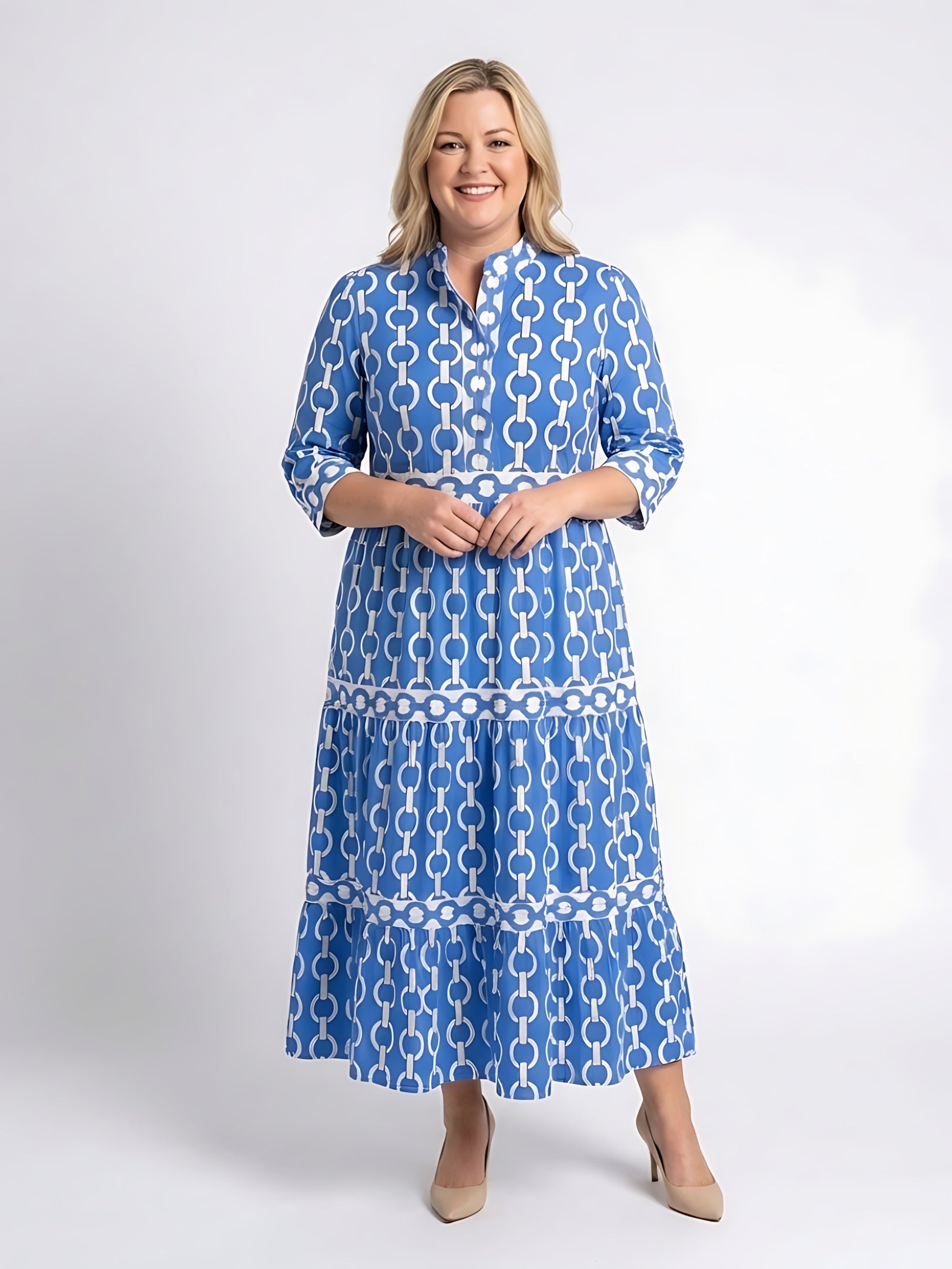 Josie – Geometric Print Tiered Maxi Shirt Dress