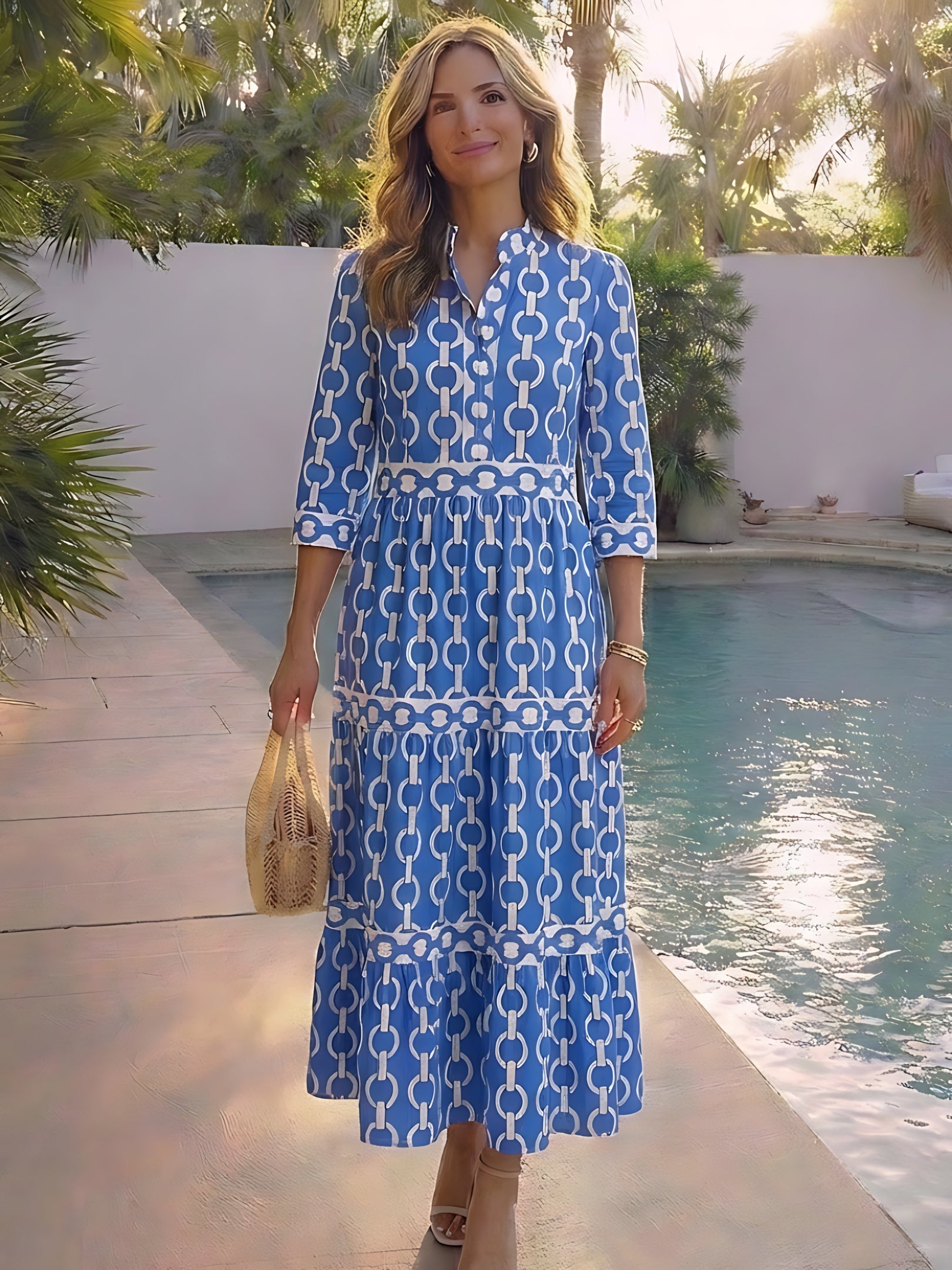 Josie – Geometric Print Tiered Maxi Shirt Dress