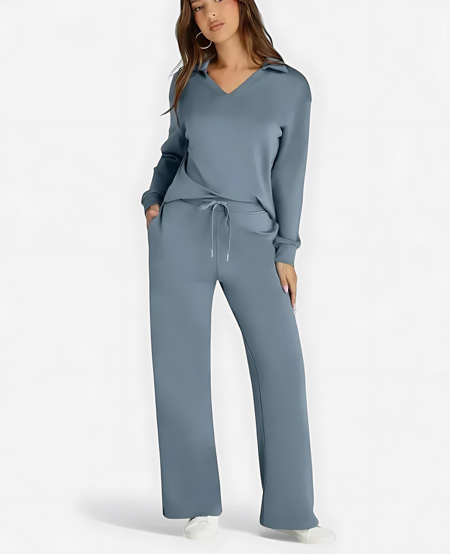 Josie – V Neck Long Sleeve Top and Straight Leg Pants Lounge Set