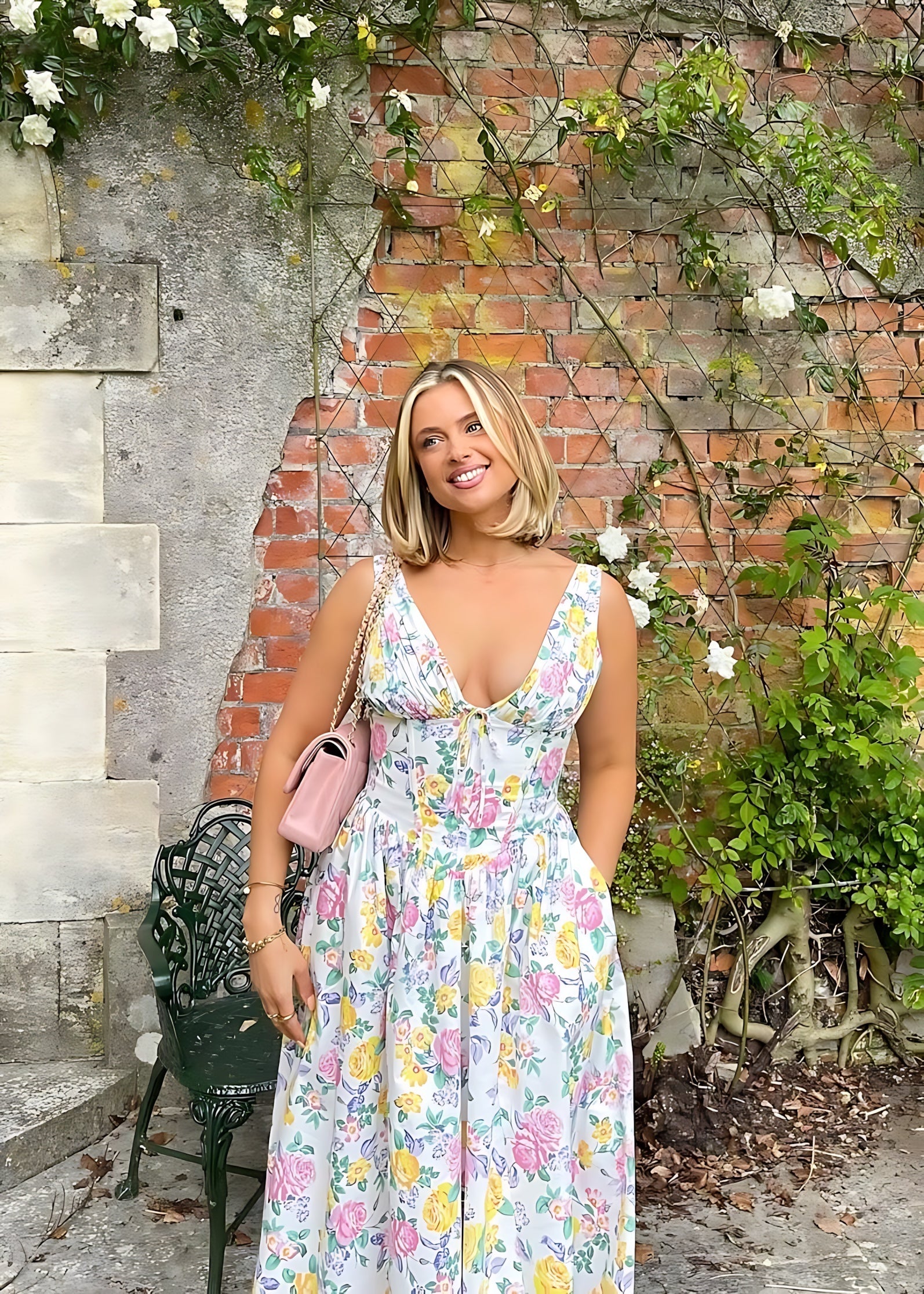Journee – Floral Print V Neck A Line Summer Midi Dress