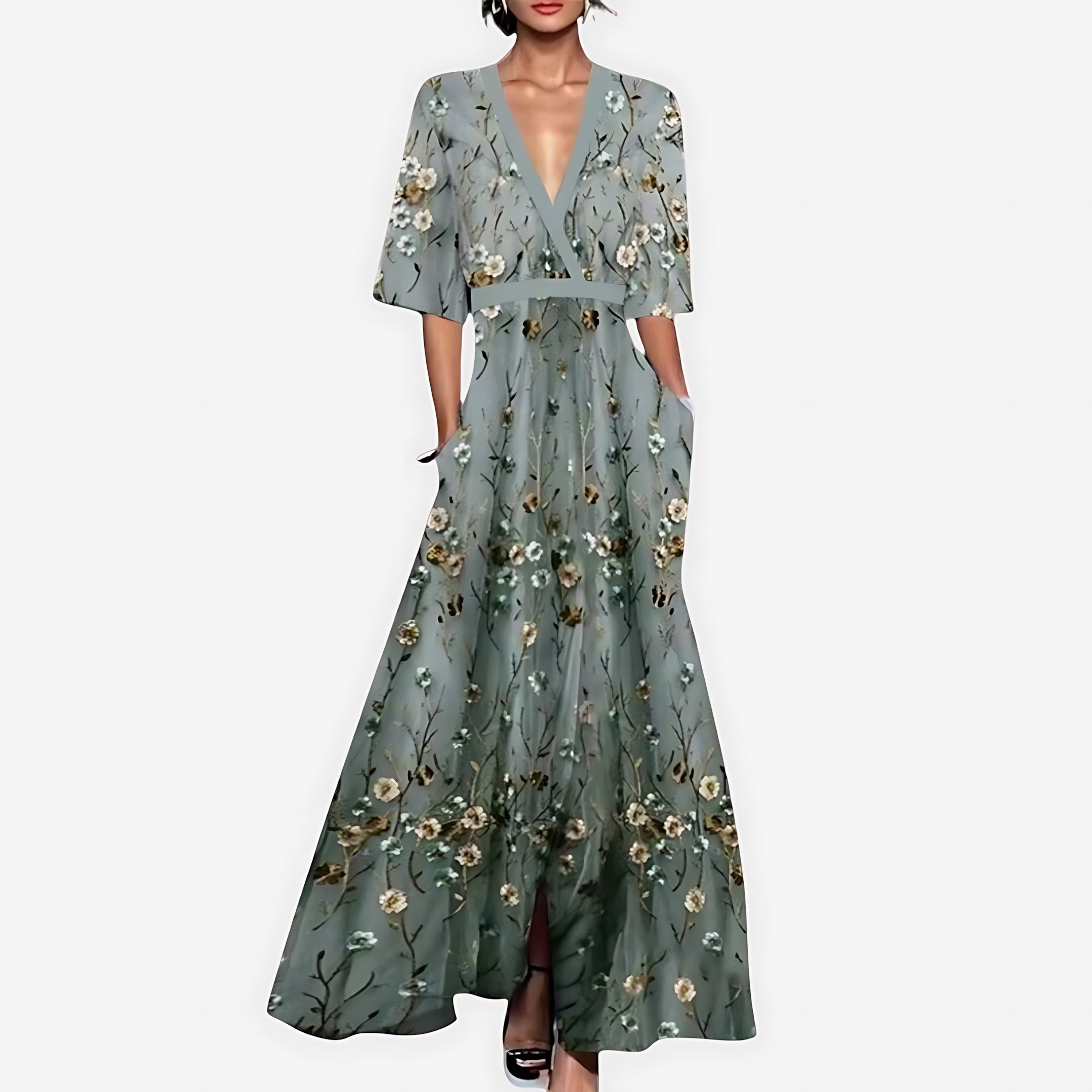 Journee – Floral Print V Neck Summer Maxi Dress