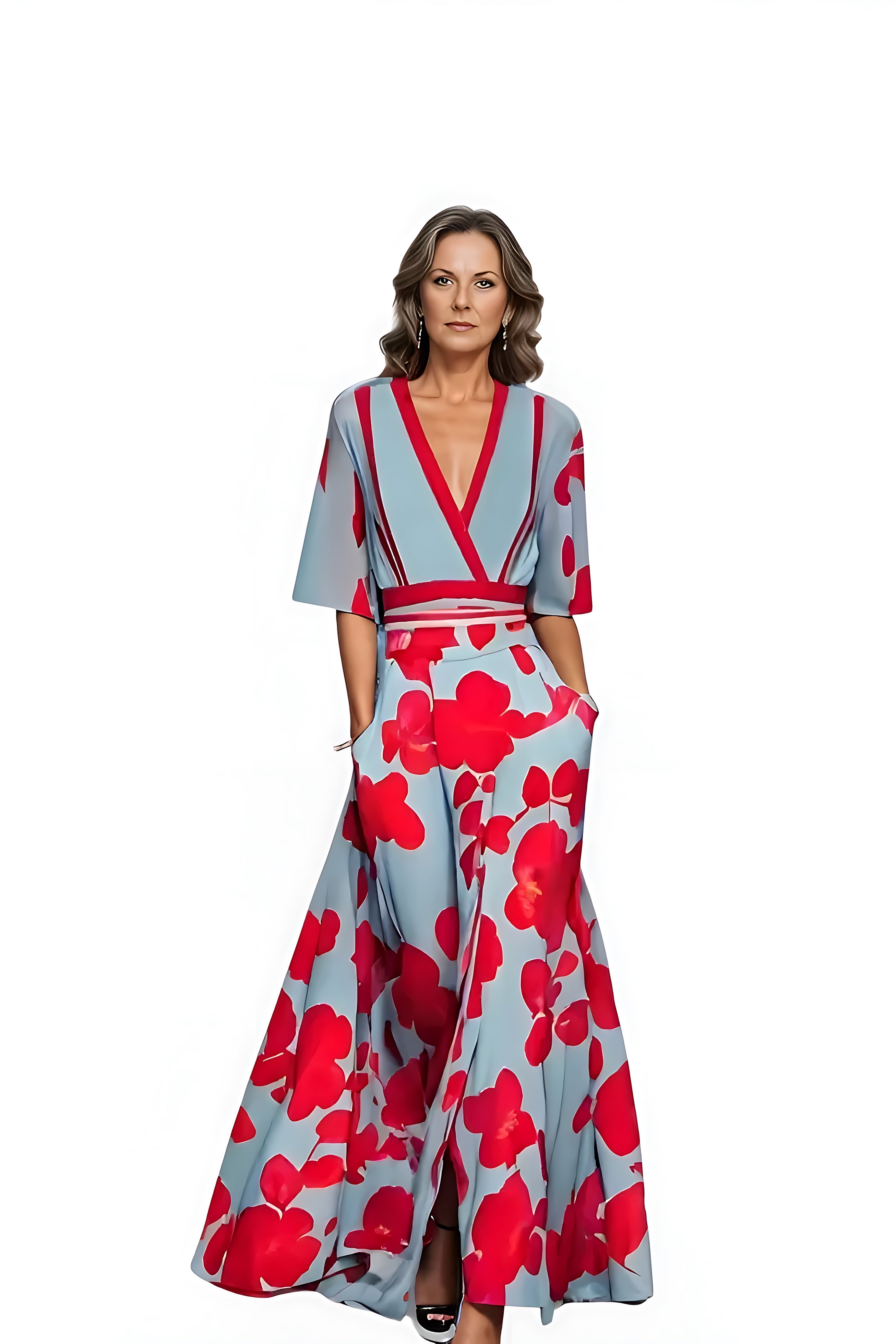 Journee – Floral Print Wrap V Neck Maxi Dress