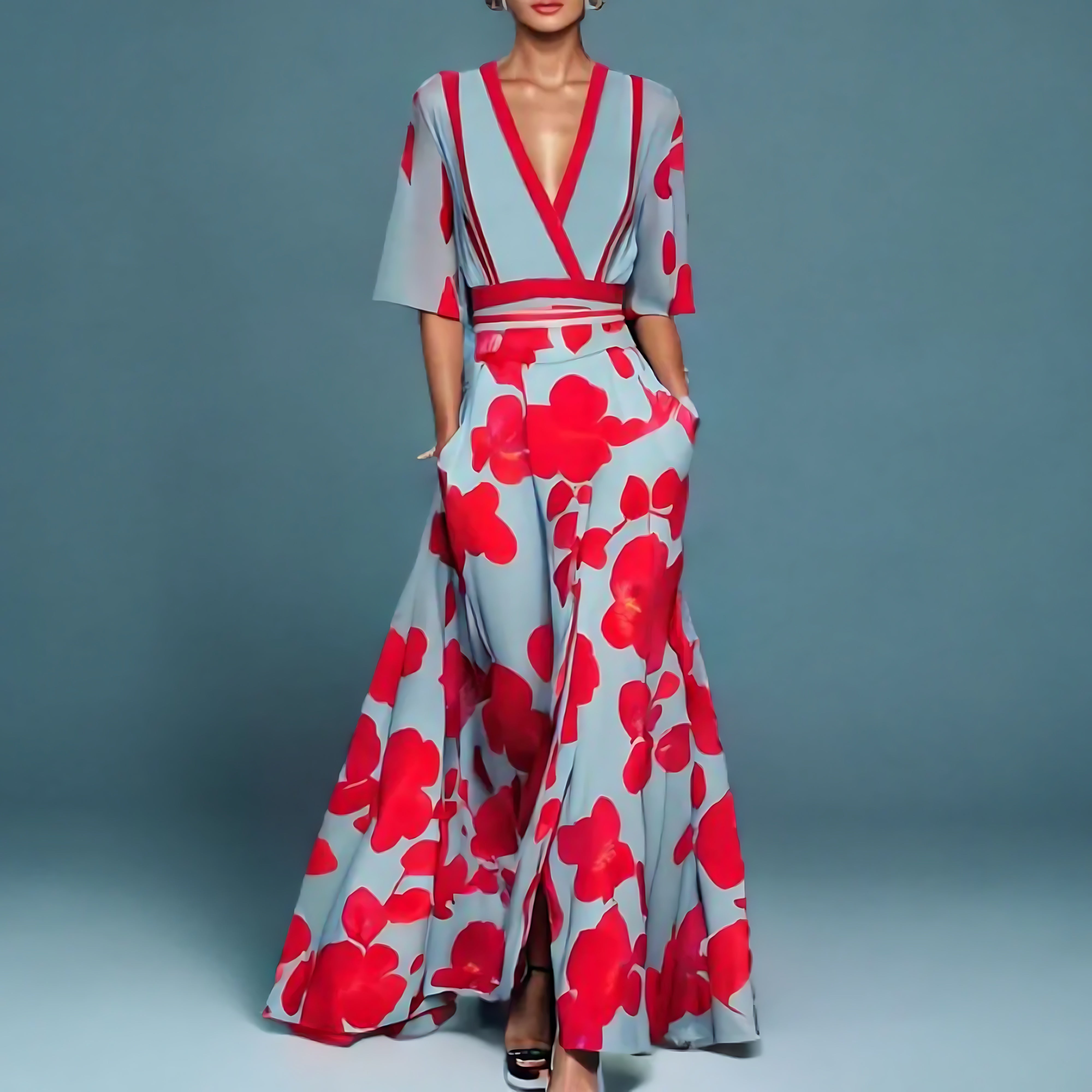 Journee – Floral Print Wrap V Neck Maxi Dress