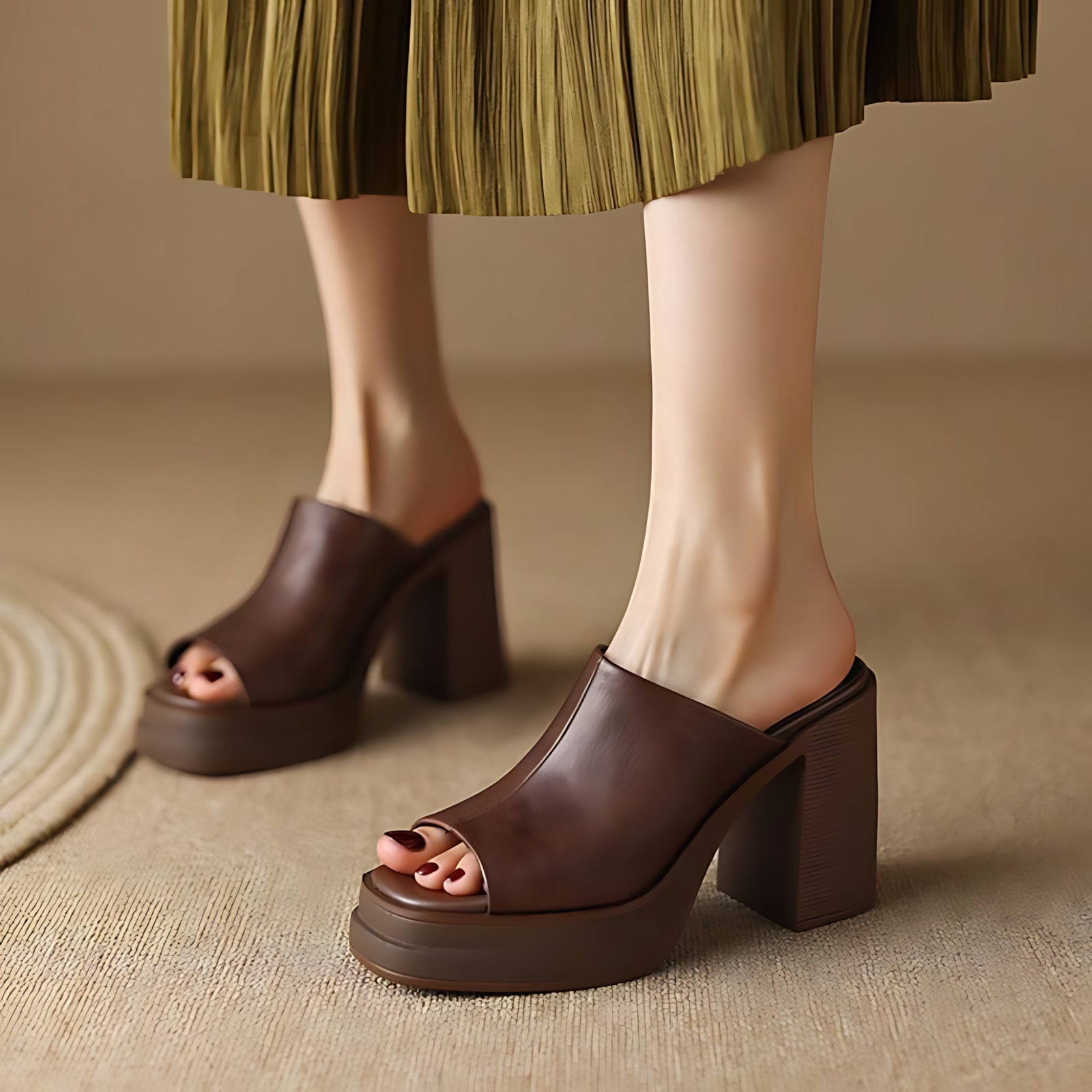 Journee – Peep Toe Chunky Heel Platform Mules