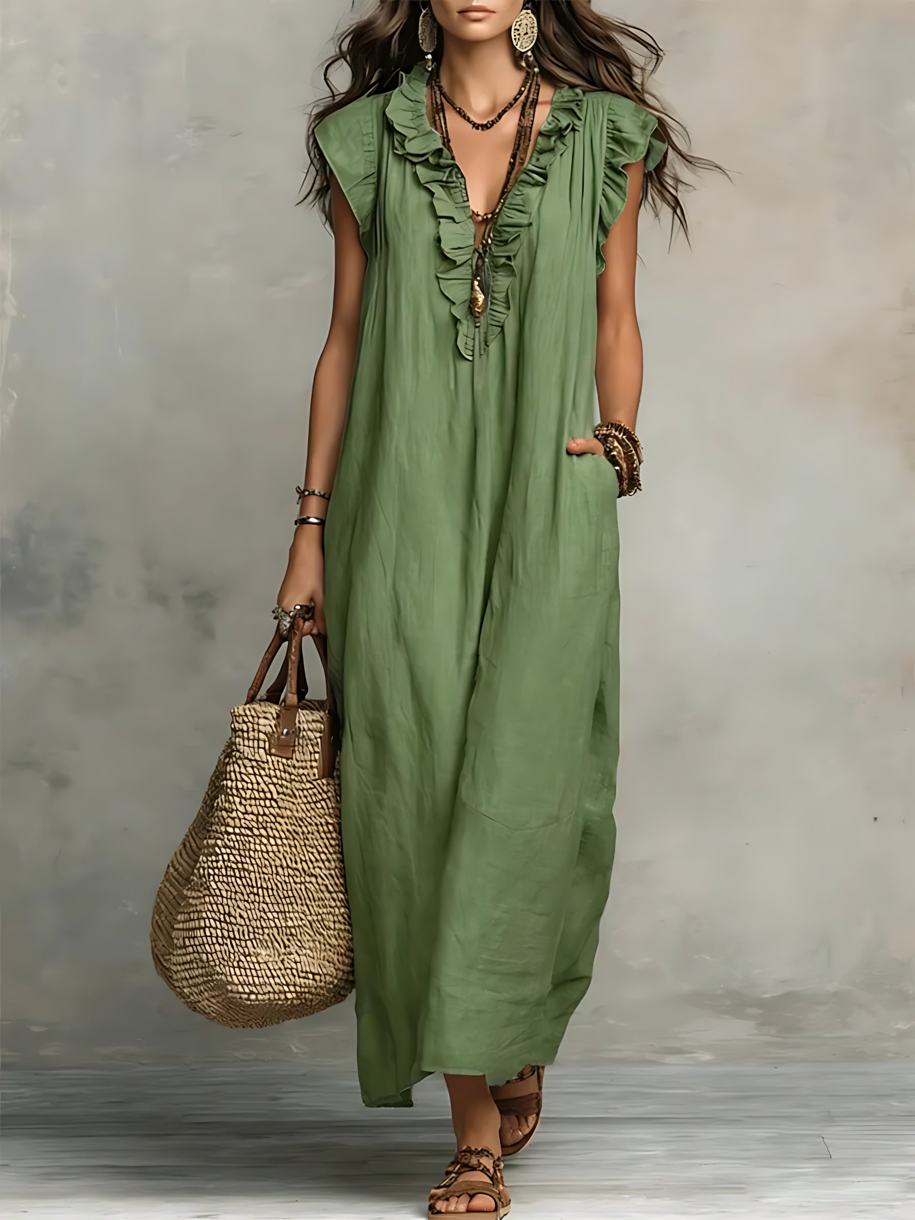 Journee – Ruffle V Neck Flowy Summer Maxi Dress