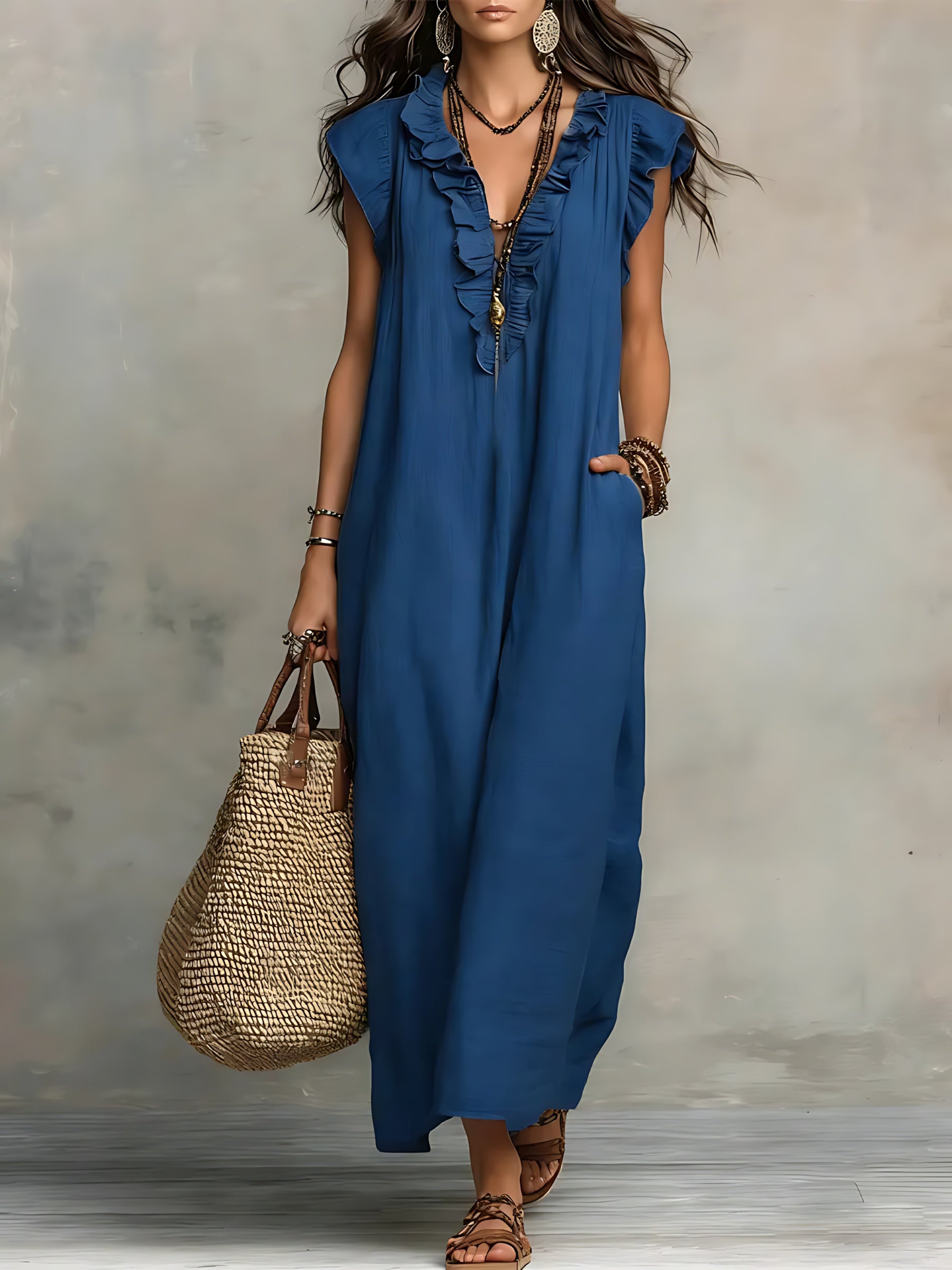 Journee – Ruffle V Neck Flowy Summer Maxi Dress