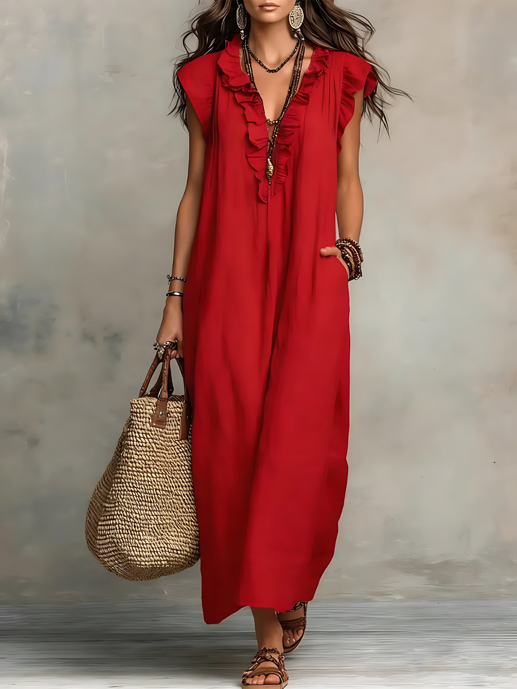Journee – Ruffle V Neck Flowy Summer Maxi Dress