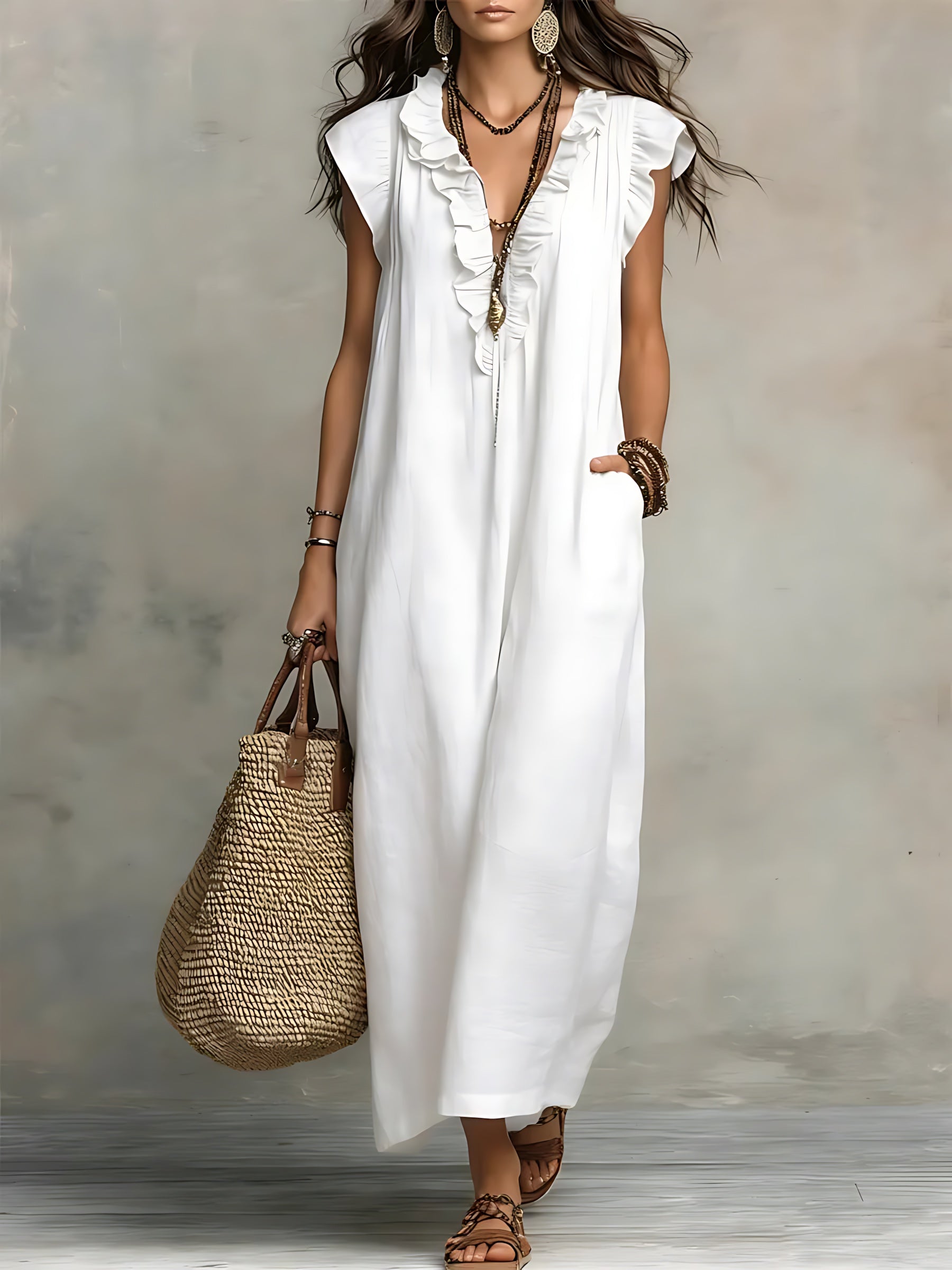 Journee – Ruffle V Neck Flowy Summer Maxi Dress