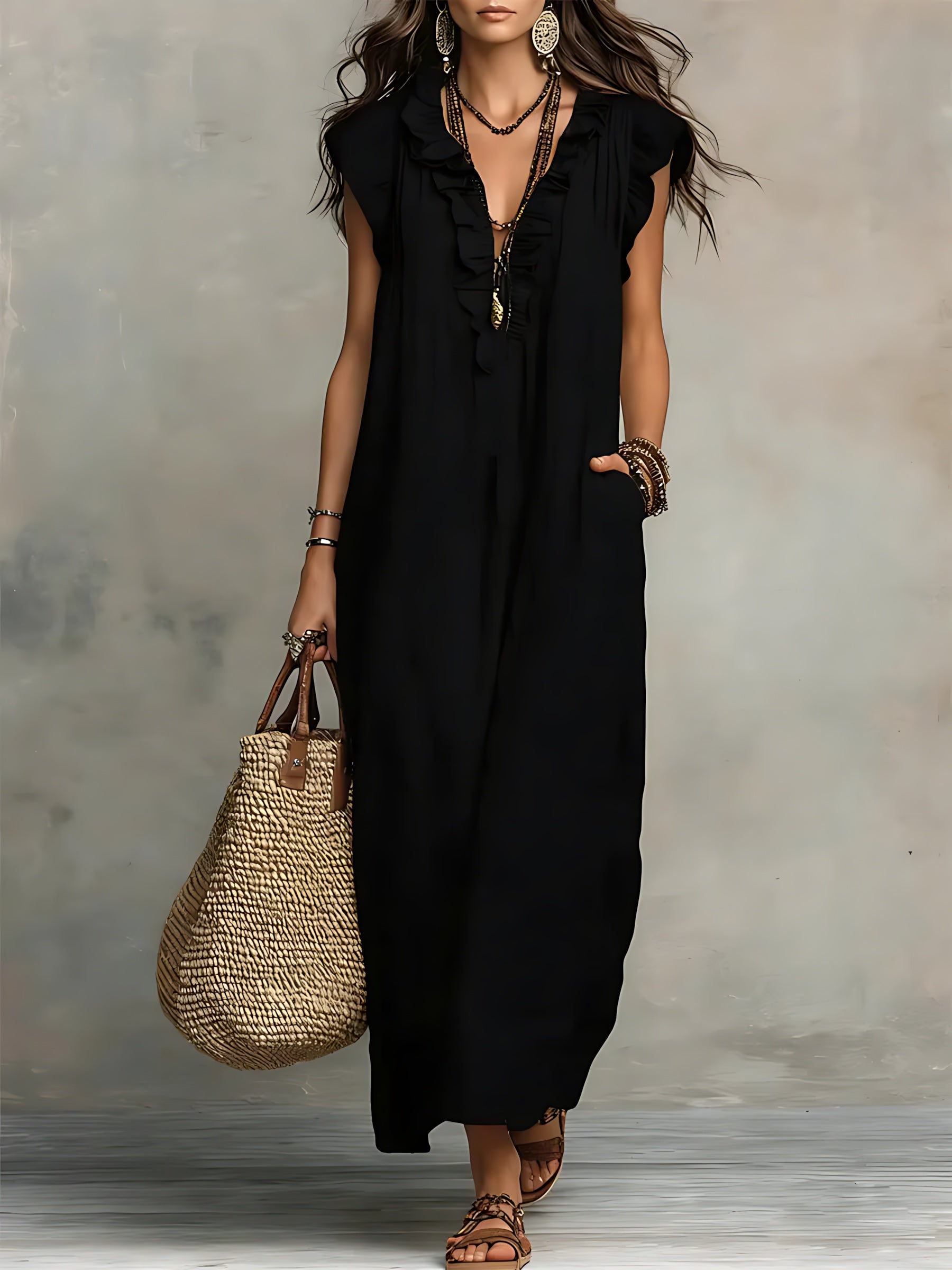 Journee – Ruffle V Neck Flowy Summer Maxi Dress