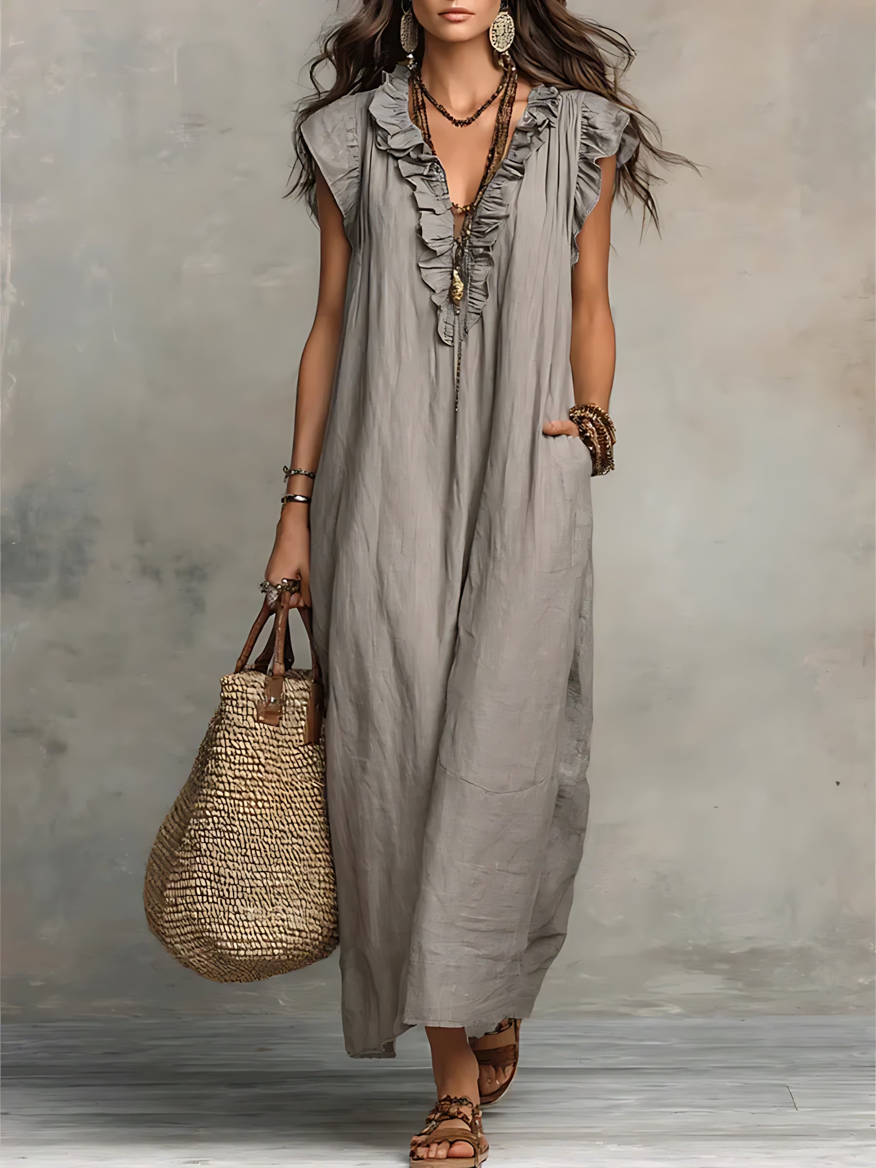 Journee – Ruffle V Neck Flowy Summer Maxi Dress