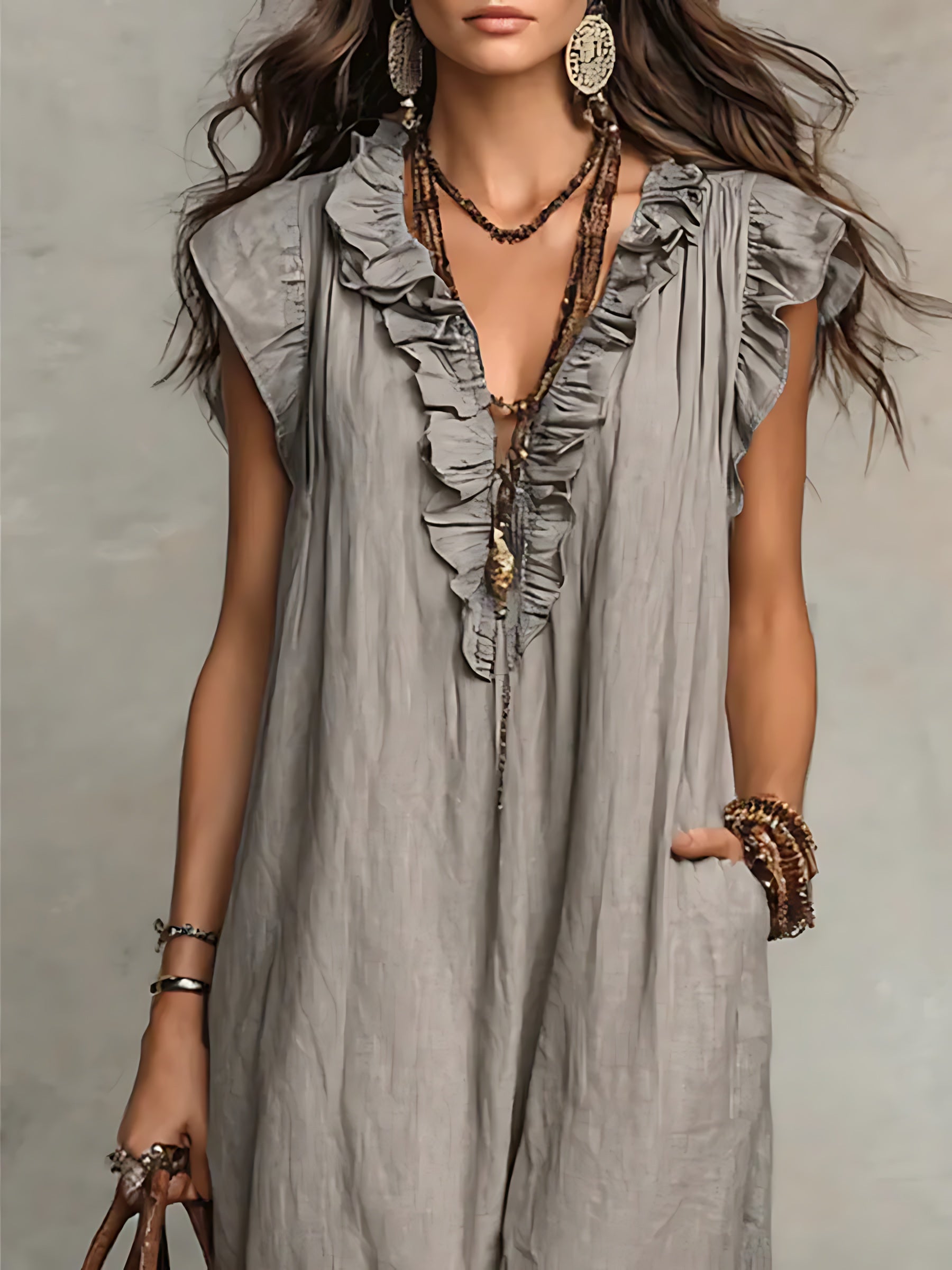 Journee – Ruffle V Neck Flowy Summer Maxi Dress