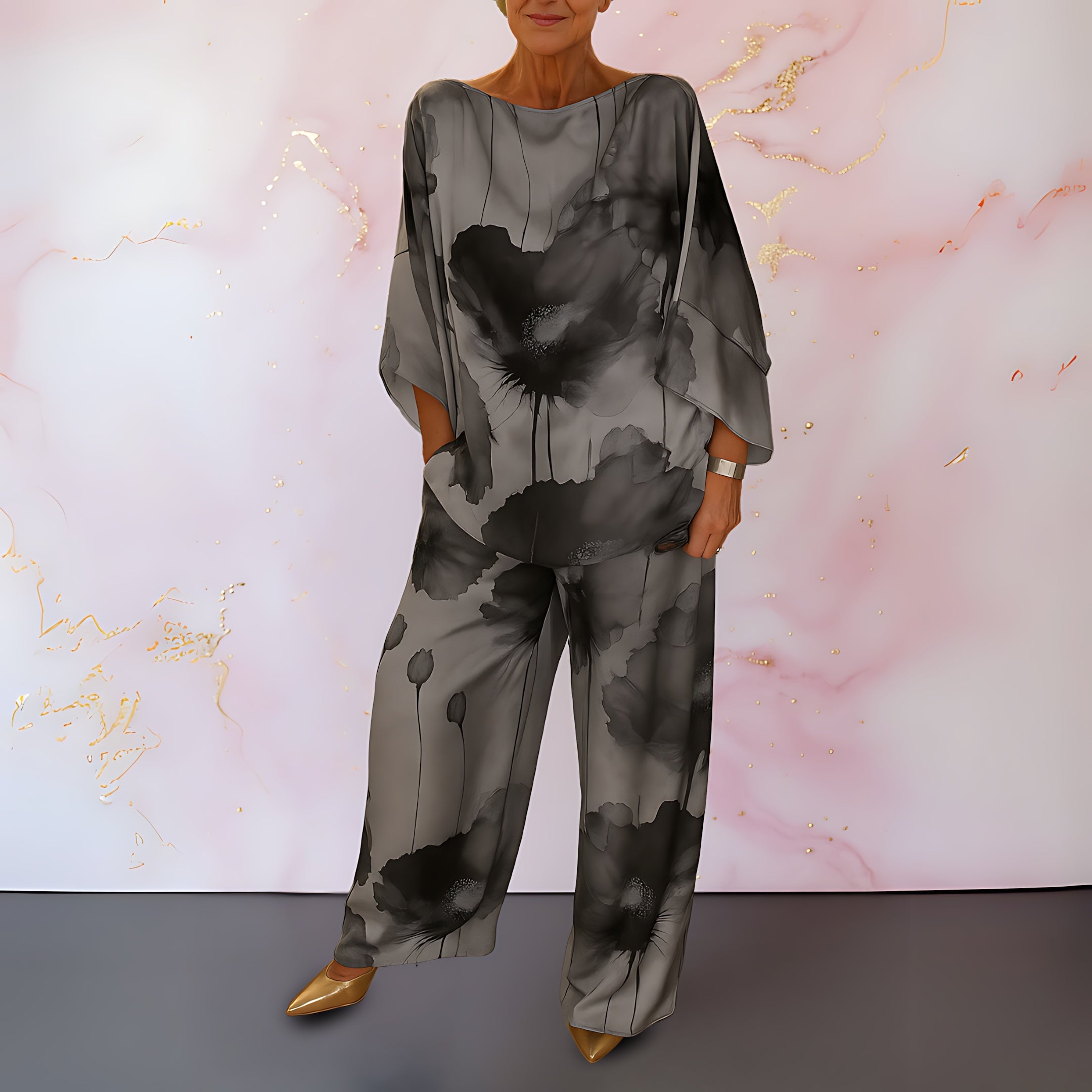 Juliette – Satin Abstract Print Top and Wide Leg Pants Set