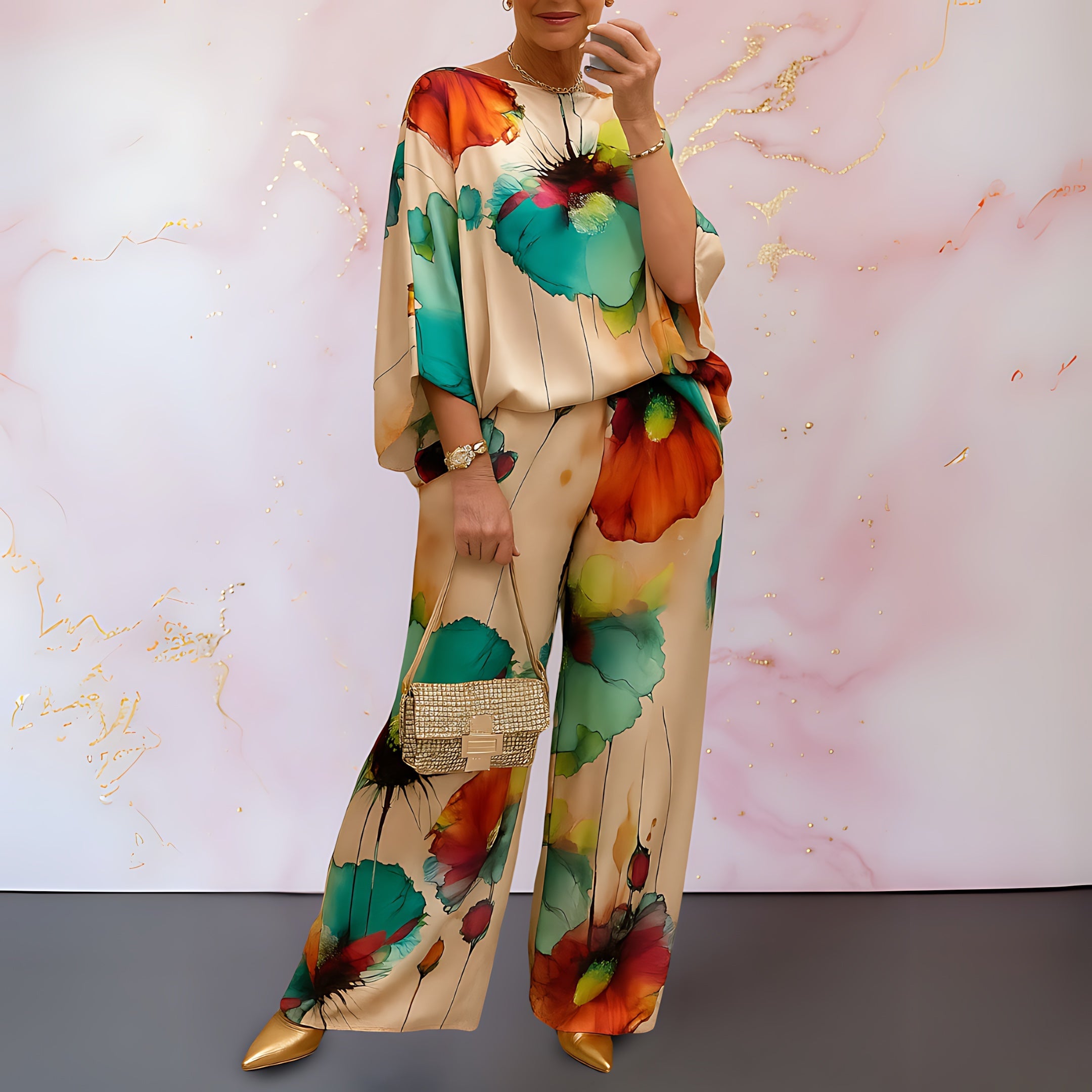 Juliette – Satin Abstract Print Top and Wide Leg Pants Set