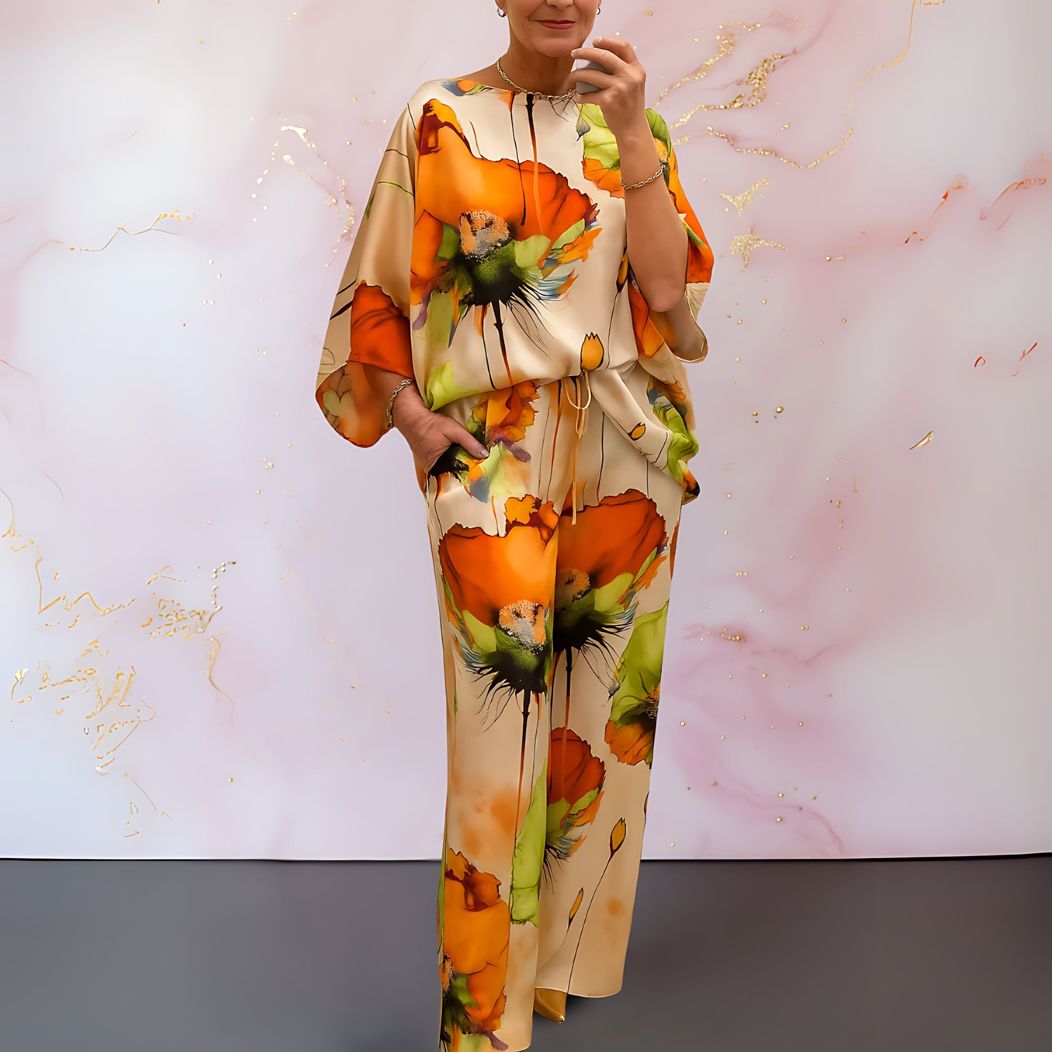 Juliette – Satin Abstract Print Top and Wide Leg Pants Set