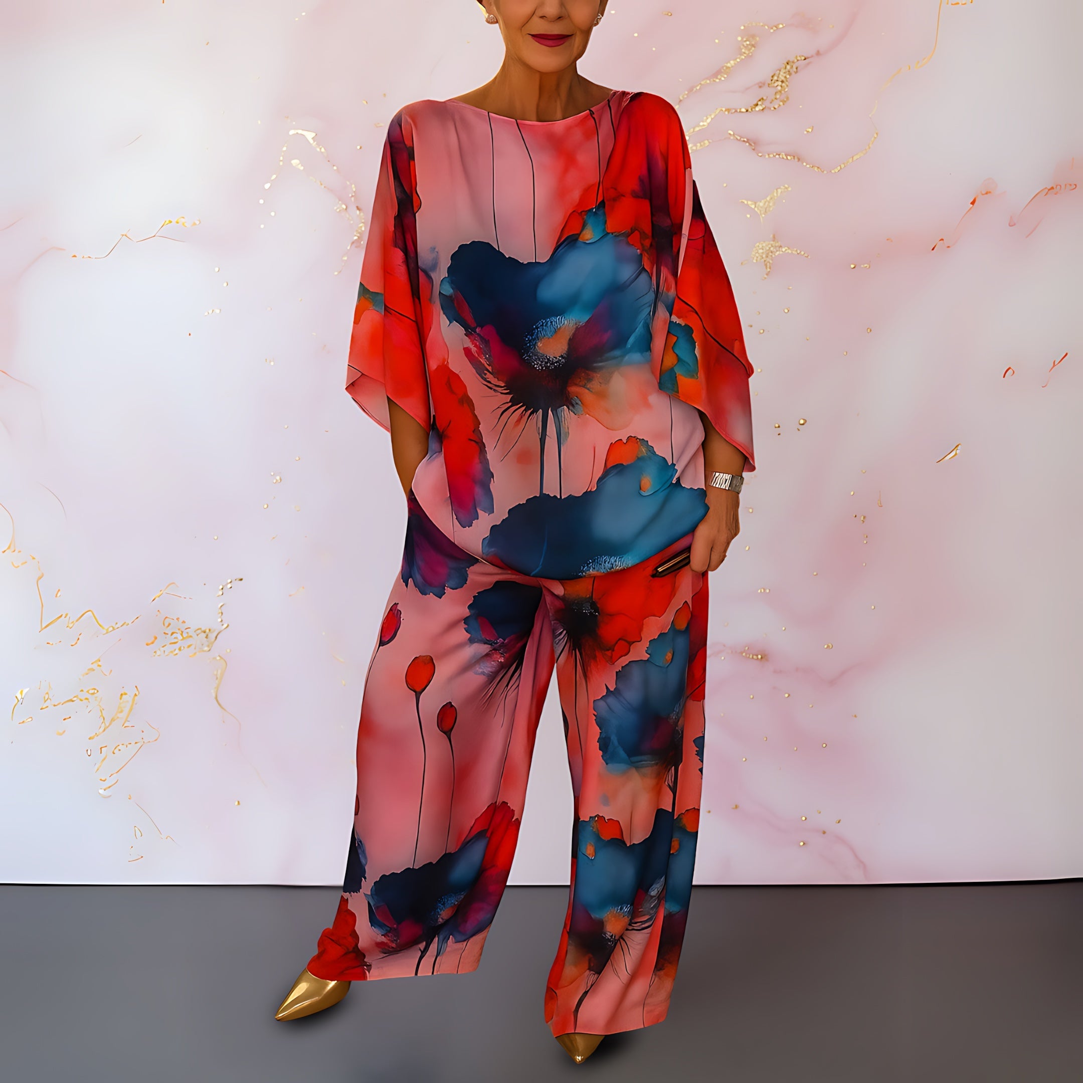 Juliette – Satin Abstract Print Top and Wide Leg Pants Set
