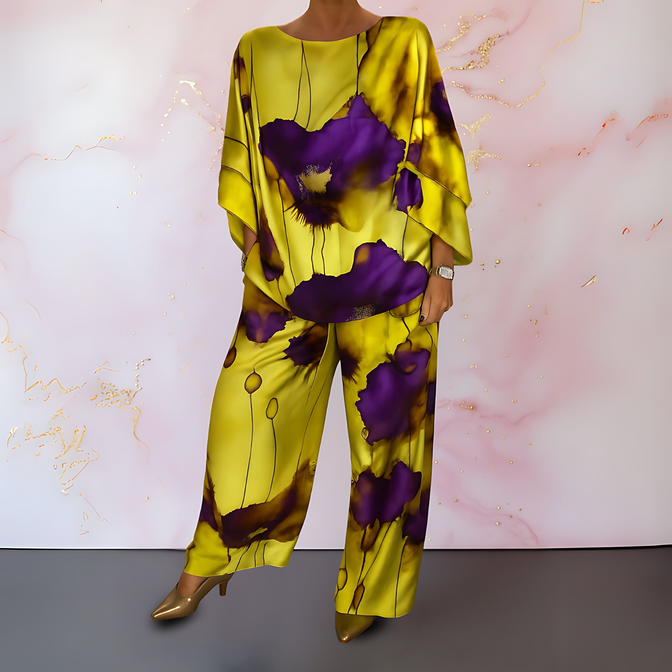 Juliette – Satin Abstract Print Top and Wide Leg Pants Set