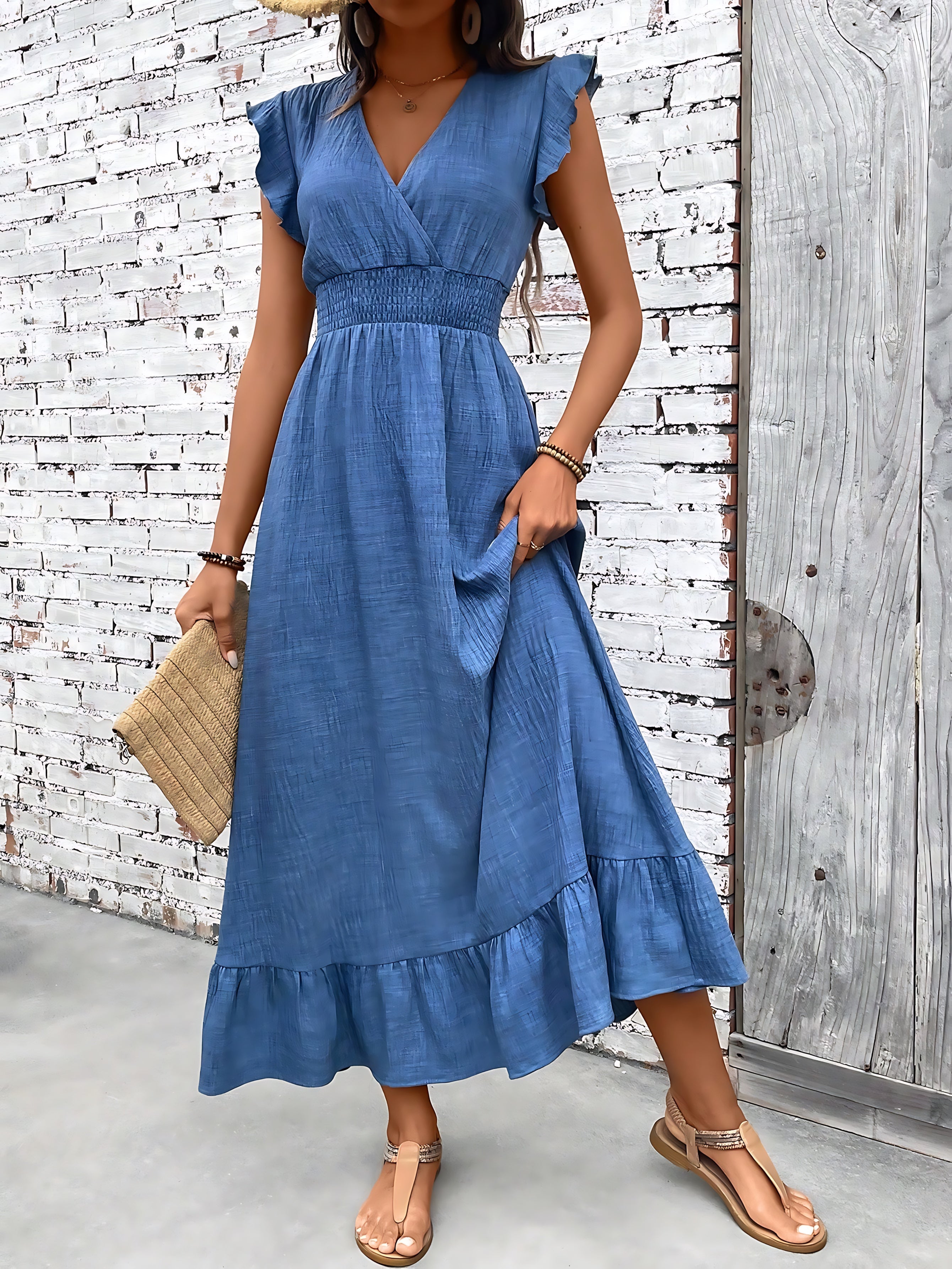 Juliette – V Neck Smocked Ruffle Summer Maxi Dress