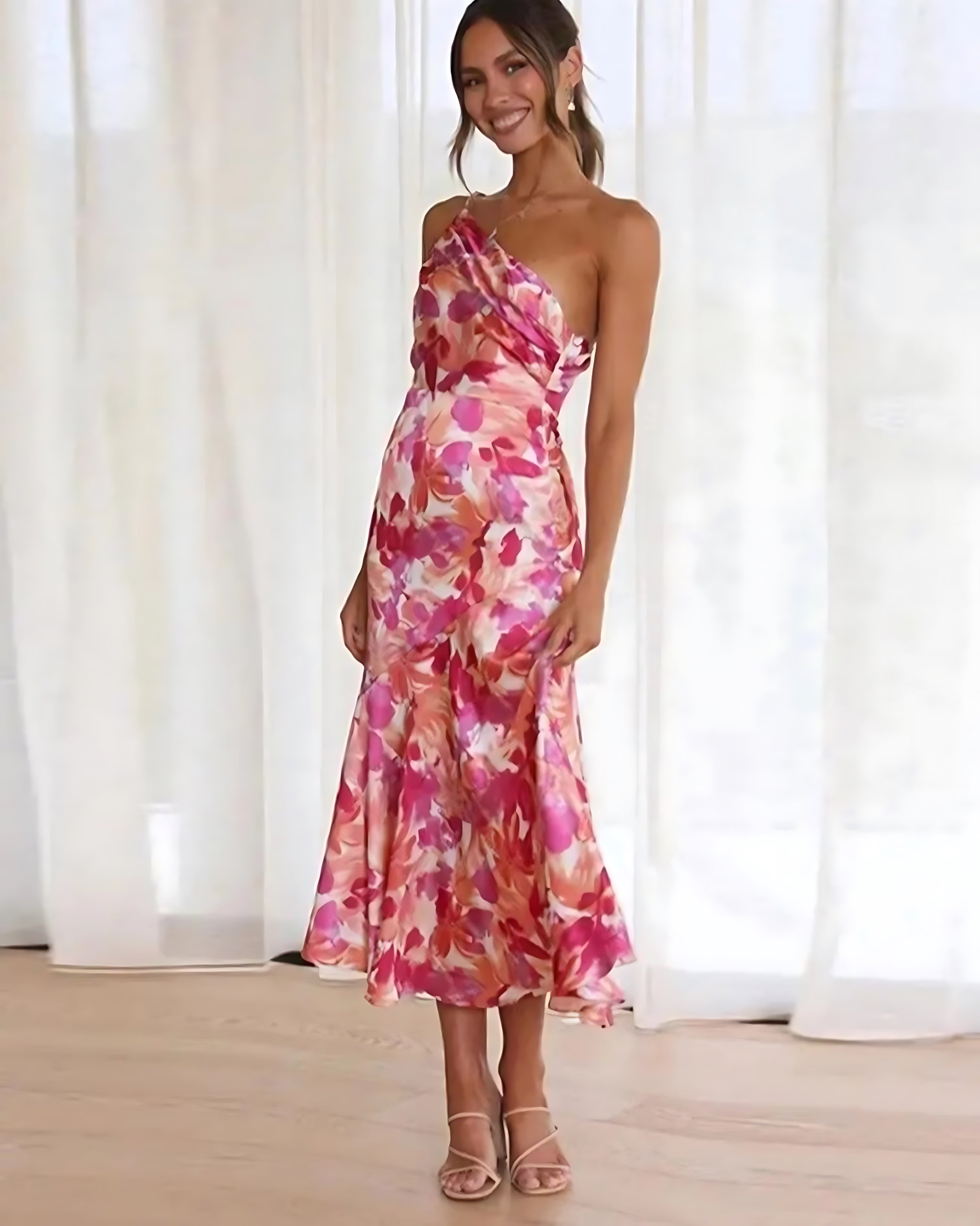 June – Floral Print One Shoulder Ruffle Maxi Dress