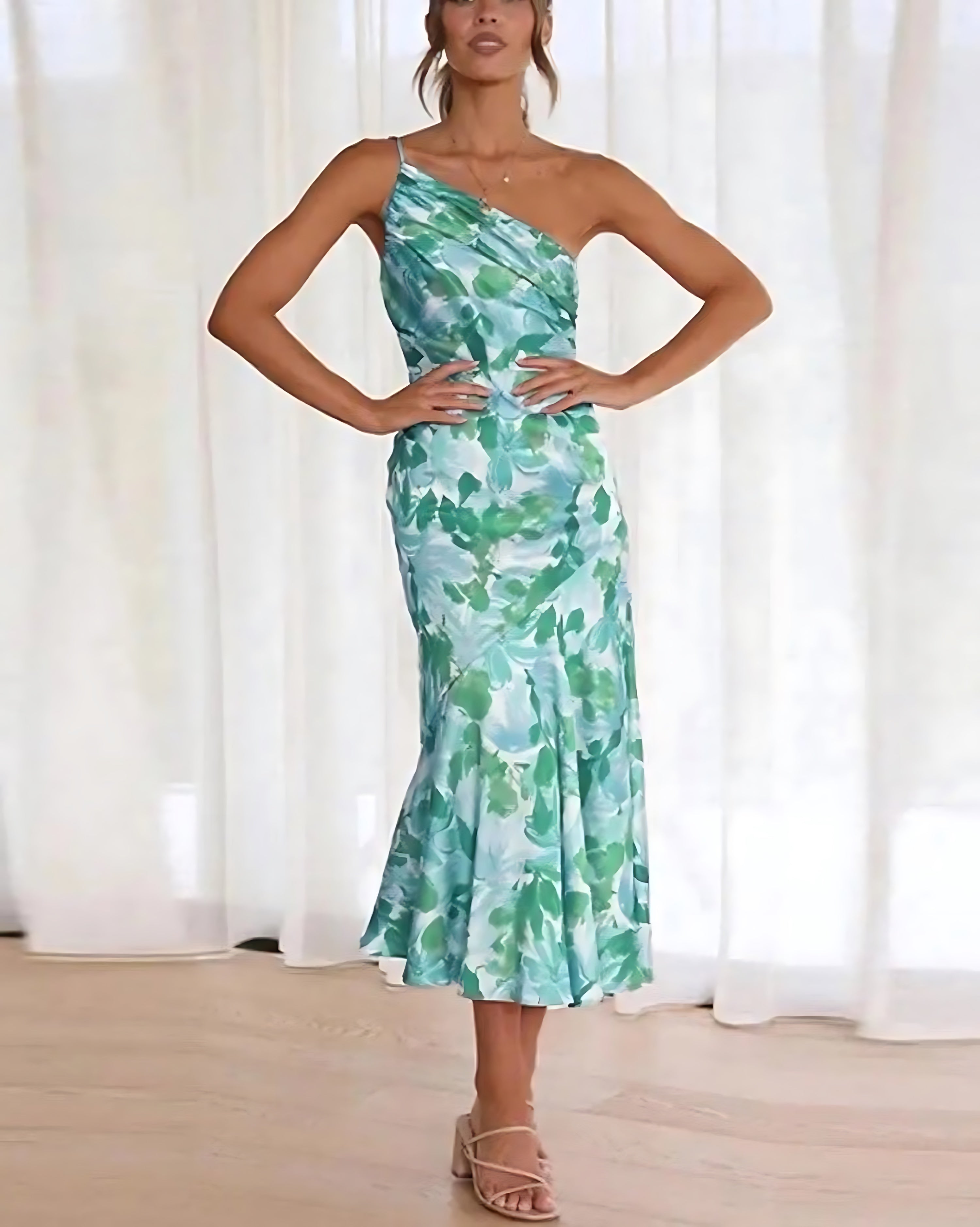 June – Floral Print One Shoulder Ruffle Maxi Dress