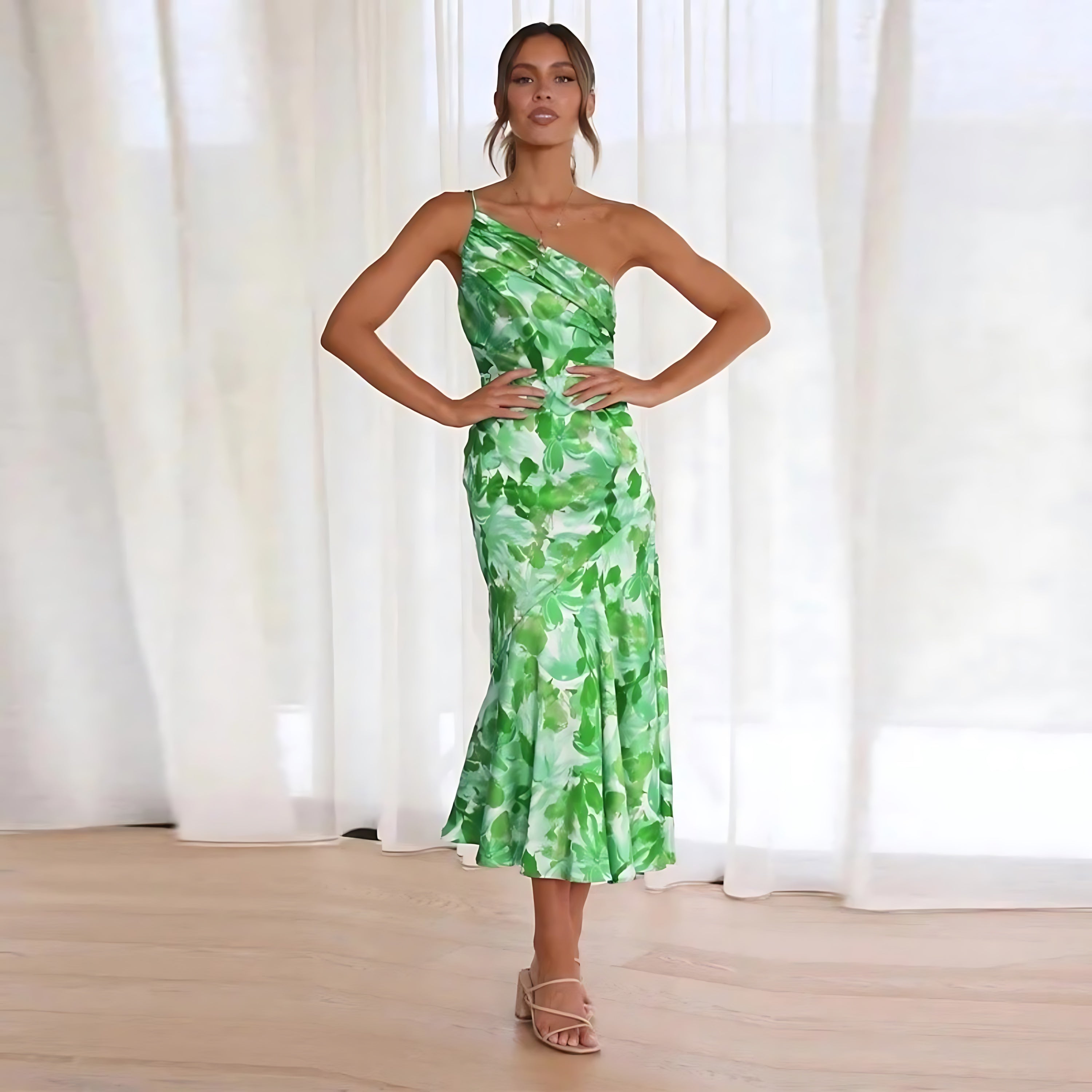 June – Floral Print One Shoulder Ruffle Maxi Dress